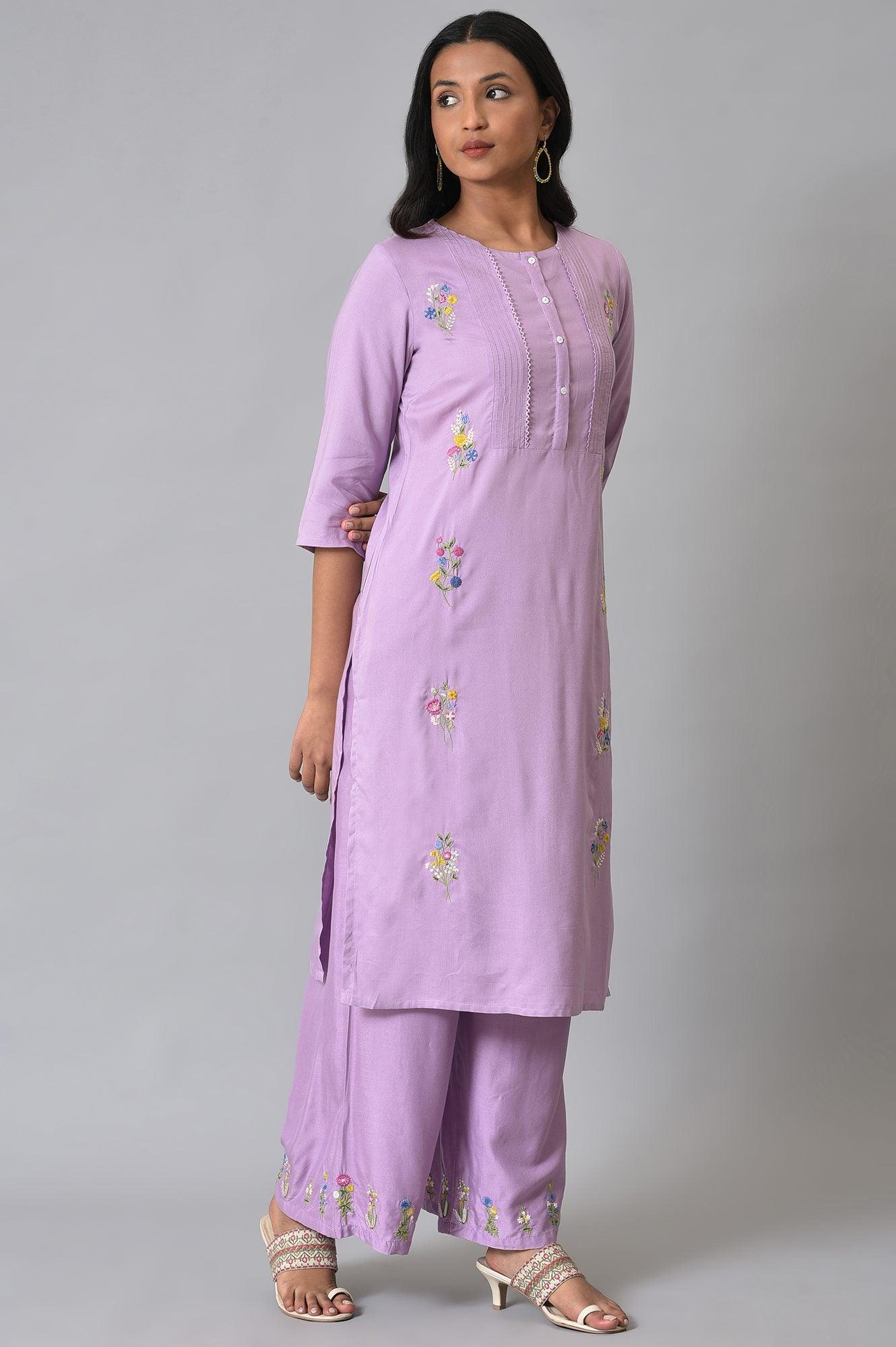 Plus Size Light Purple Embroidered kurta With Pintucks - Image 4