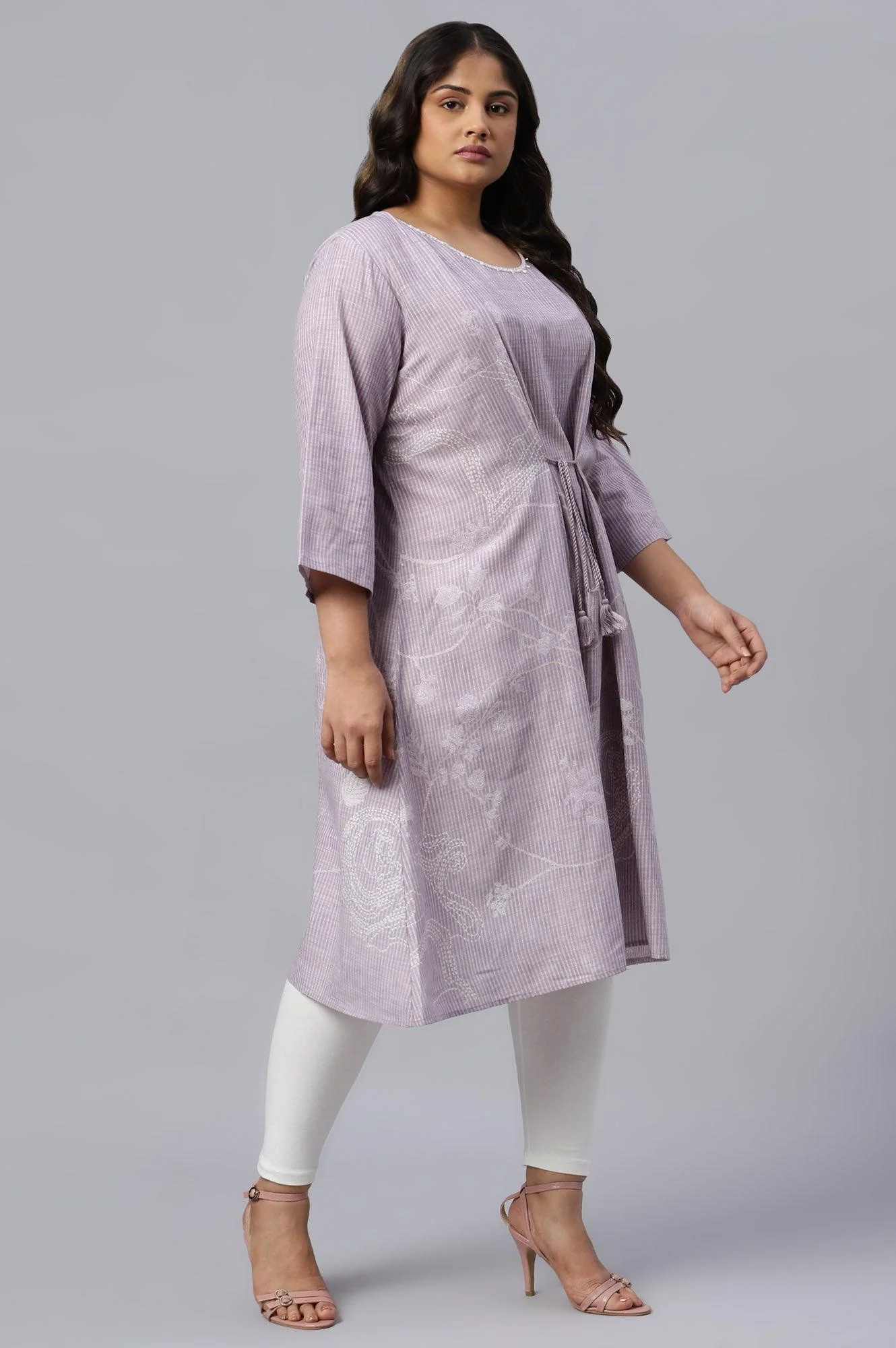 Plus Size Lilac Embroidered Mock Layer kurta - Image 4