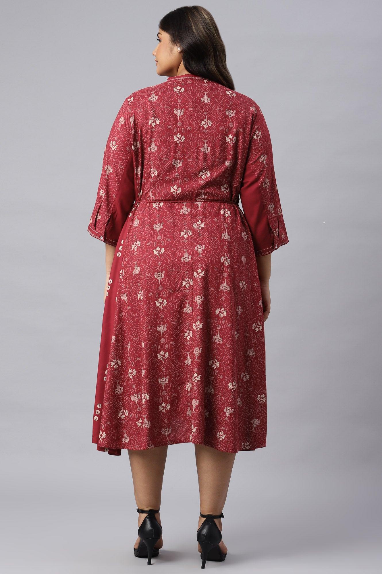 Plus Size Maroon Floral Printed Panelled Indie Dress - Image 2