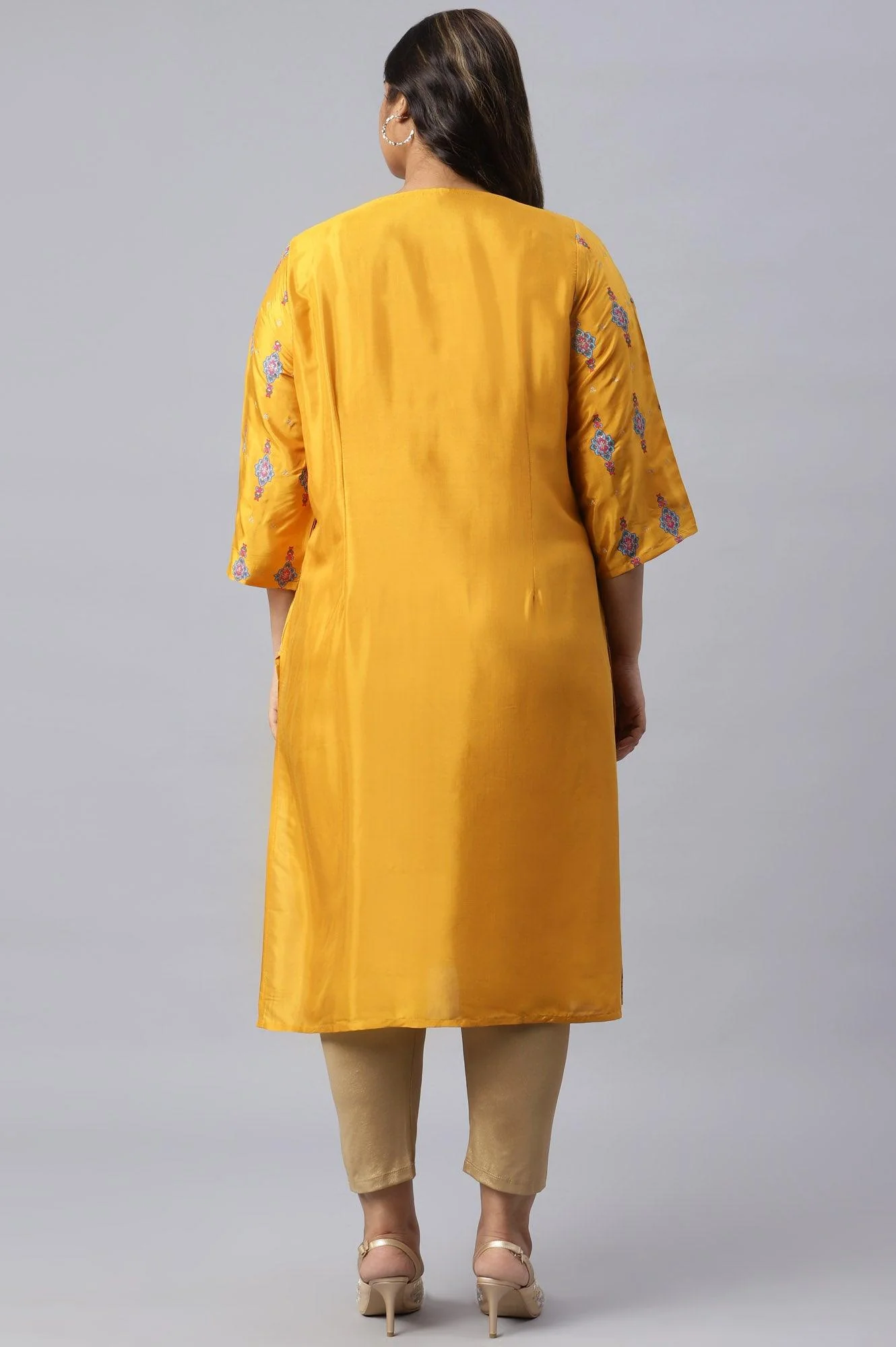 Plus Size Mustard Glitter Printed Shantung kurta - Image 2
