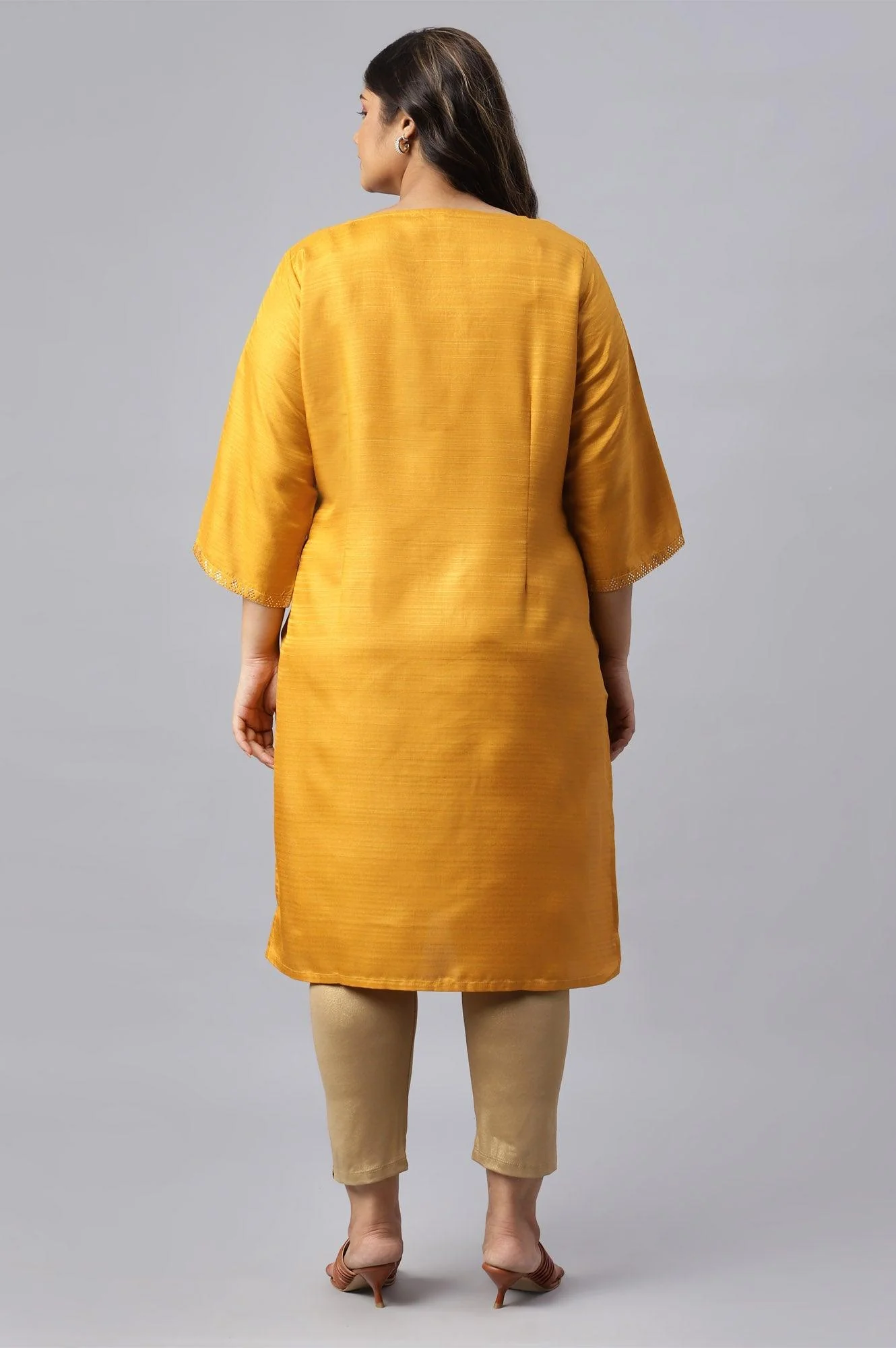 Plus Size Mustard Karnatka Silk Mukaish Print kurta - Image 2