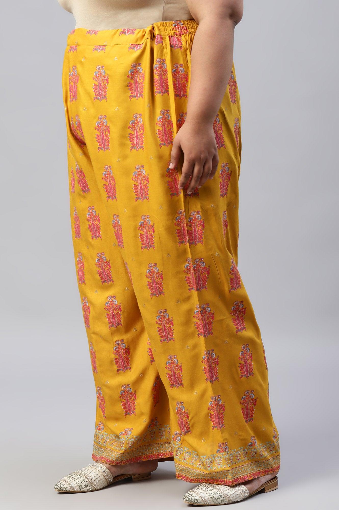 Plus Size Mustard Rayon Printed Parallel Pants - Image 3