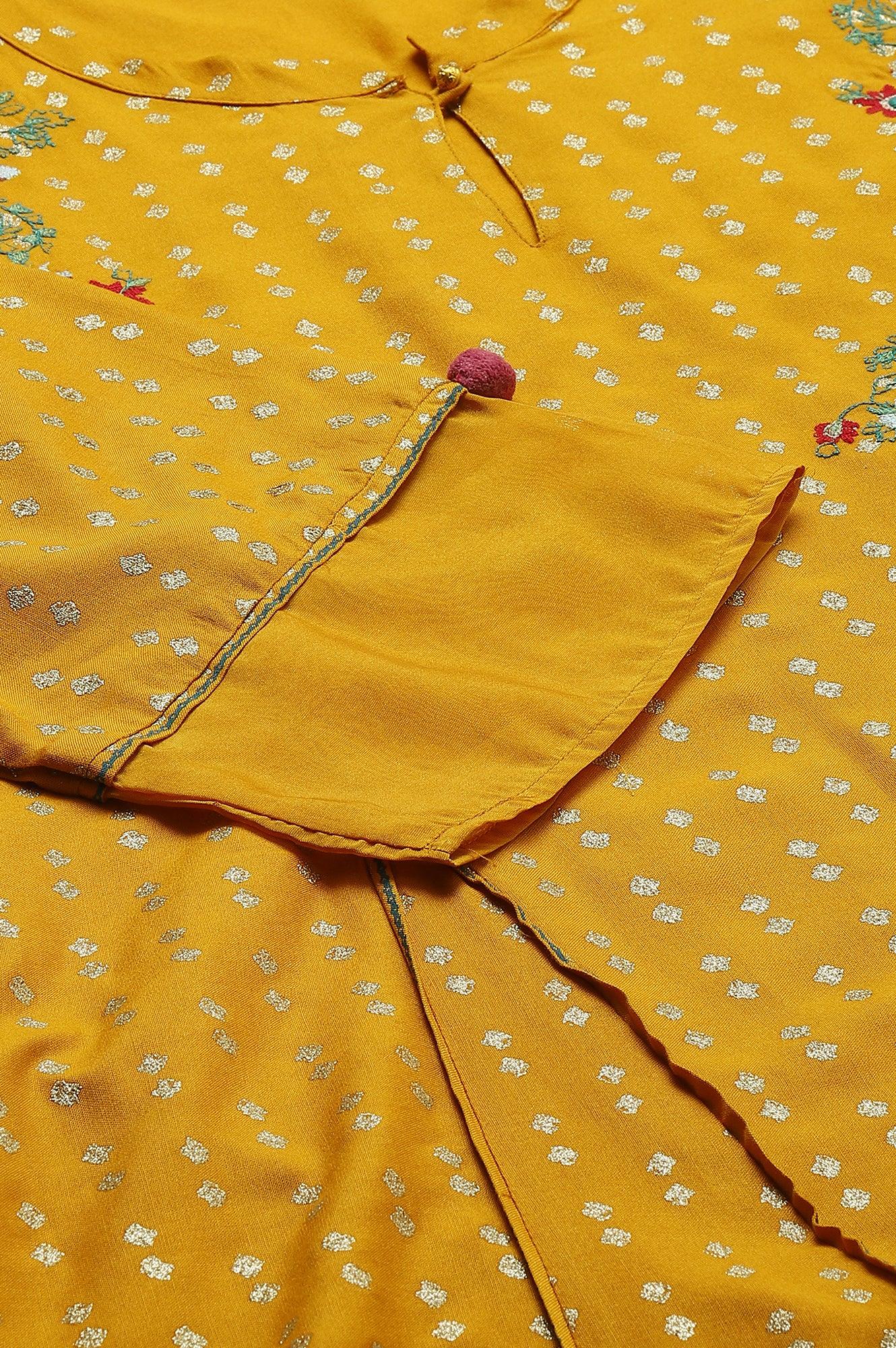 Plus Size Mustard Yellow Embroidered kurta With Green Tights And Printed Dupatta - Image 10