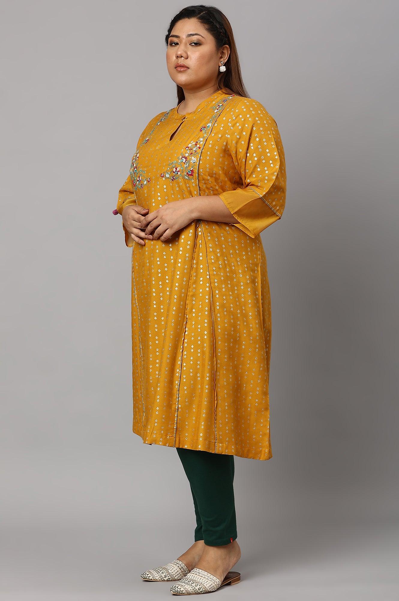 Plus Size Mustard Yellow Embroidered kurta With Green Tights And Printed Dupatta - Image 3