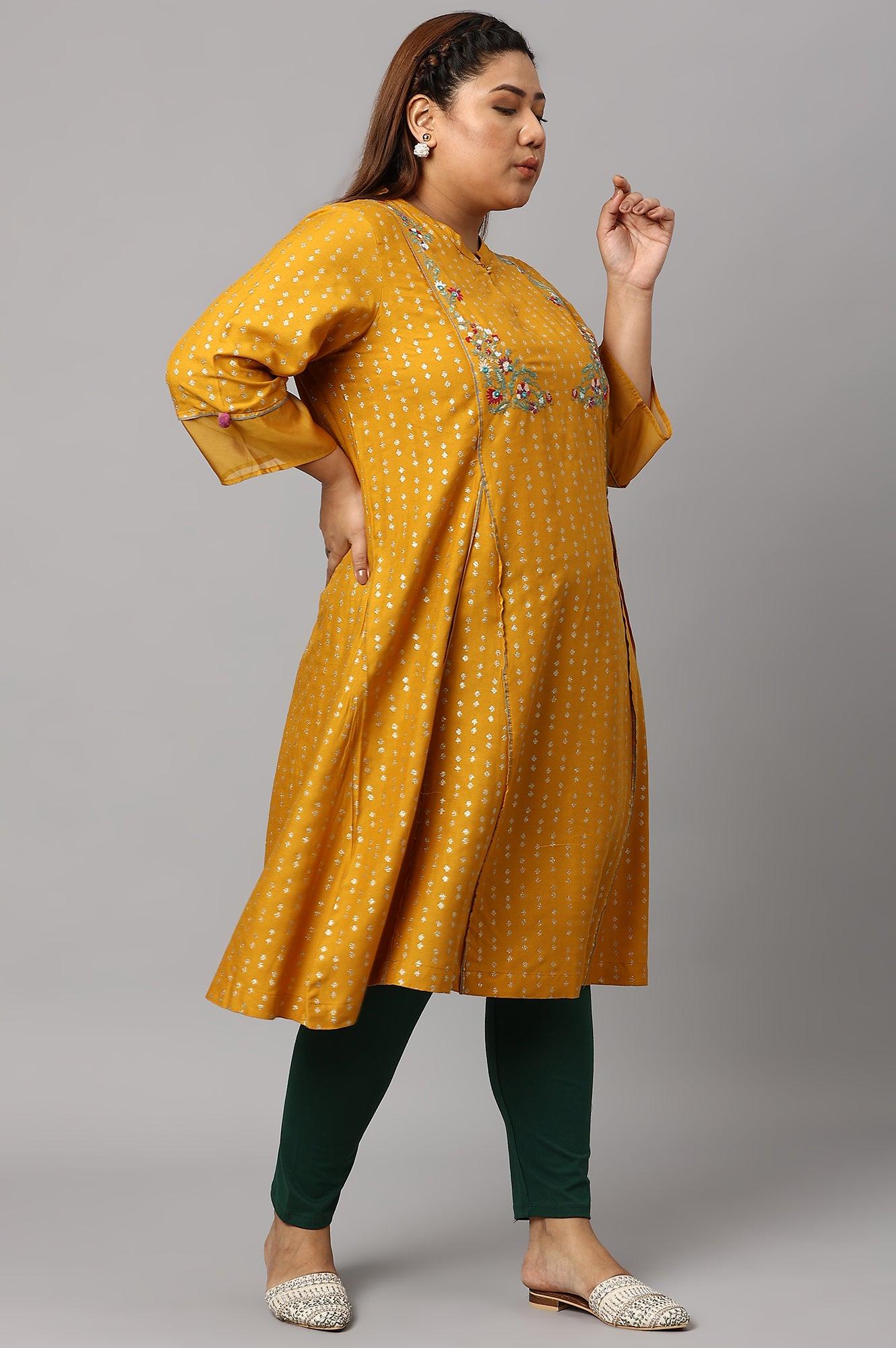 Plus Size Mustard Yellow Embroidered kurta With Green Tights And Printed Dupatta - Image 4