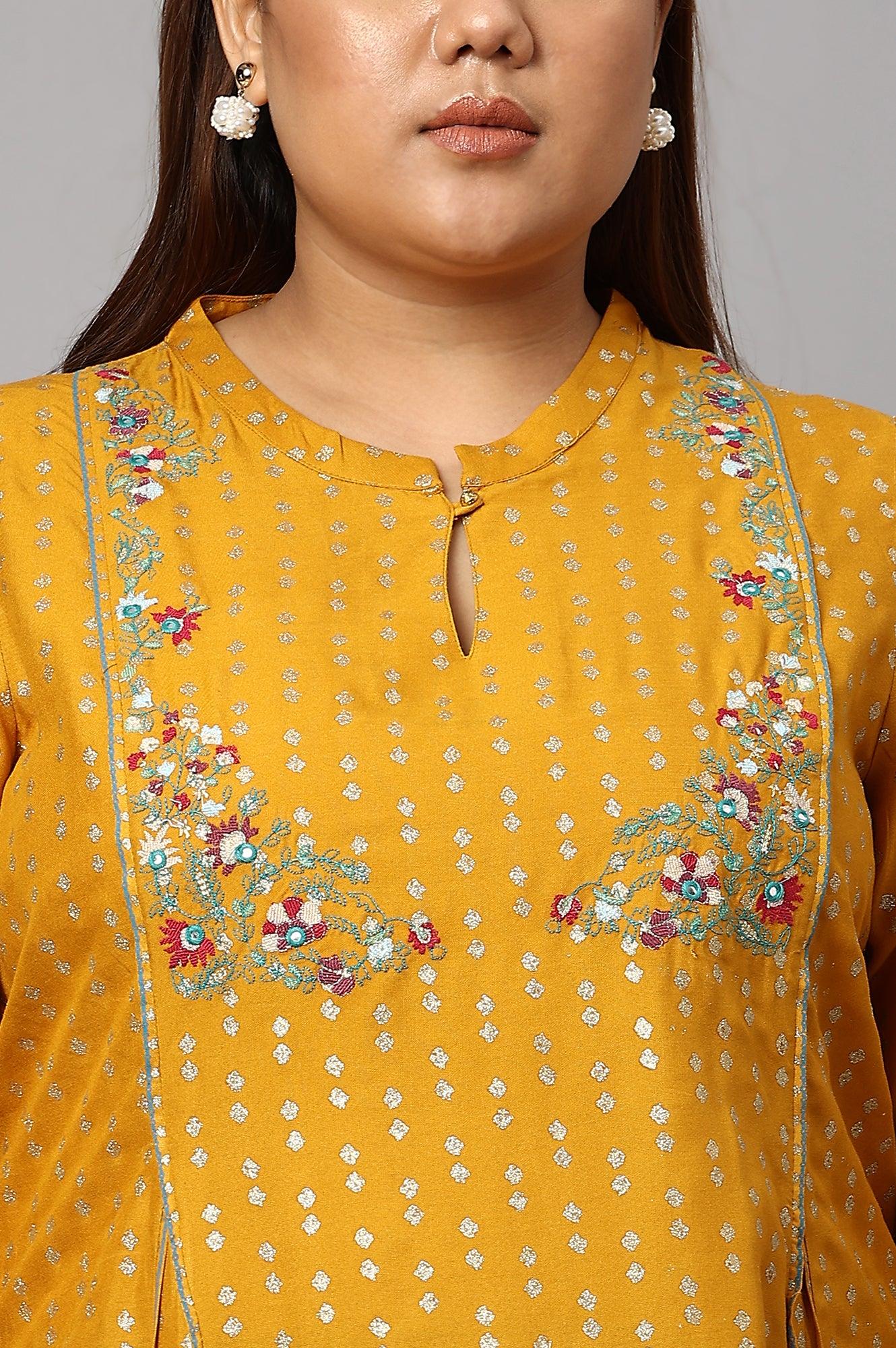 Plus Size Mustard Yellow Embroidered kurta With Green Tights And Printed Dupatta - Image 5