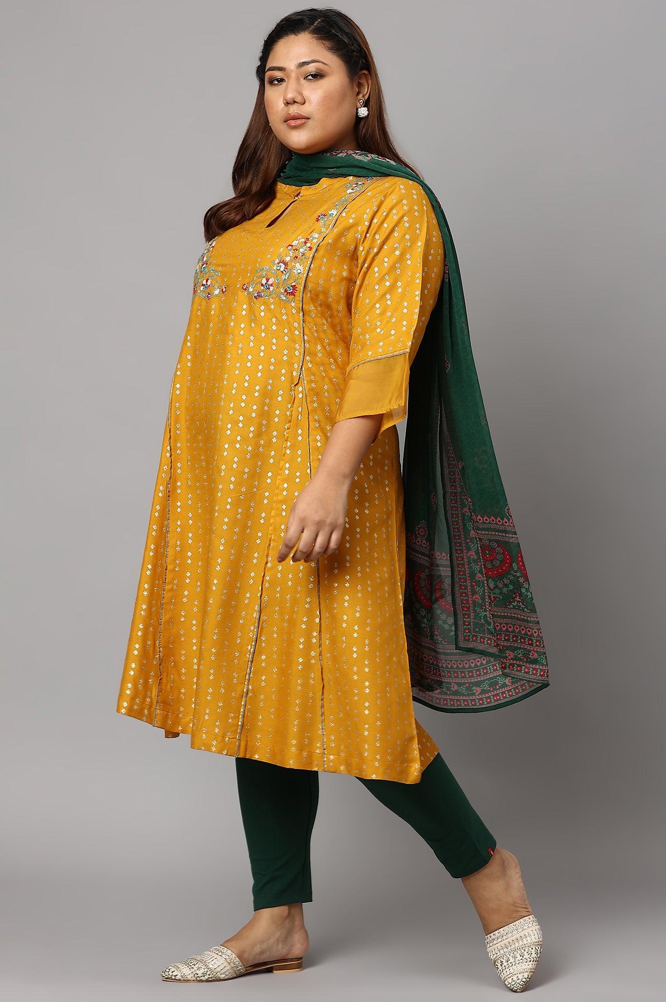 Plus Size Mustard Yellow Embroidered kurta With Green Tights And Printed Dupatta - Image 6