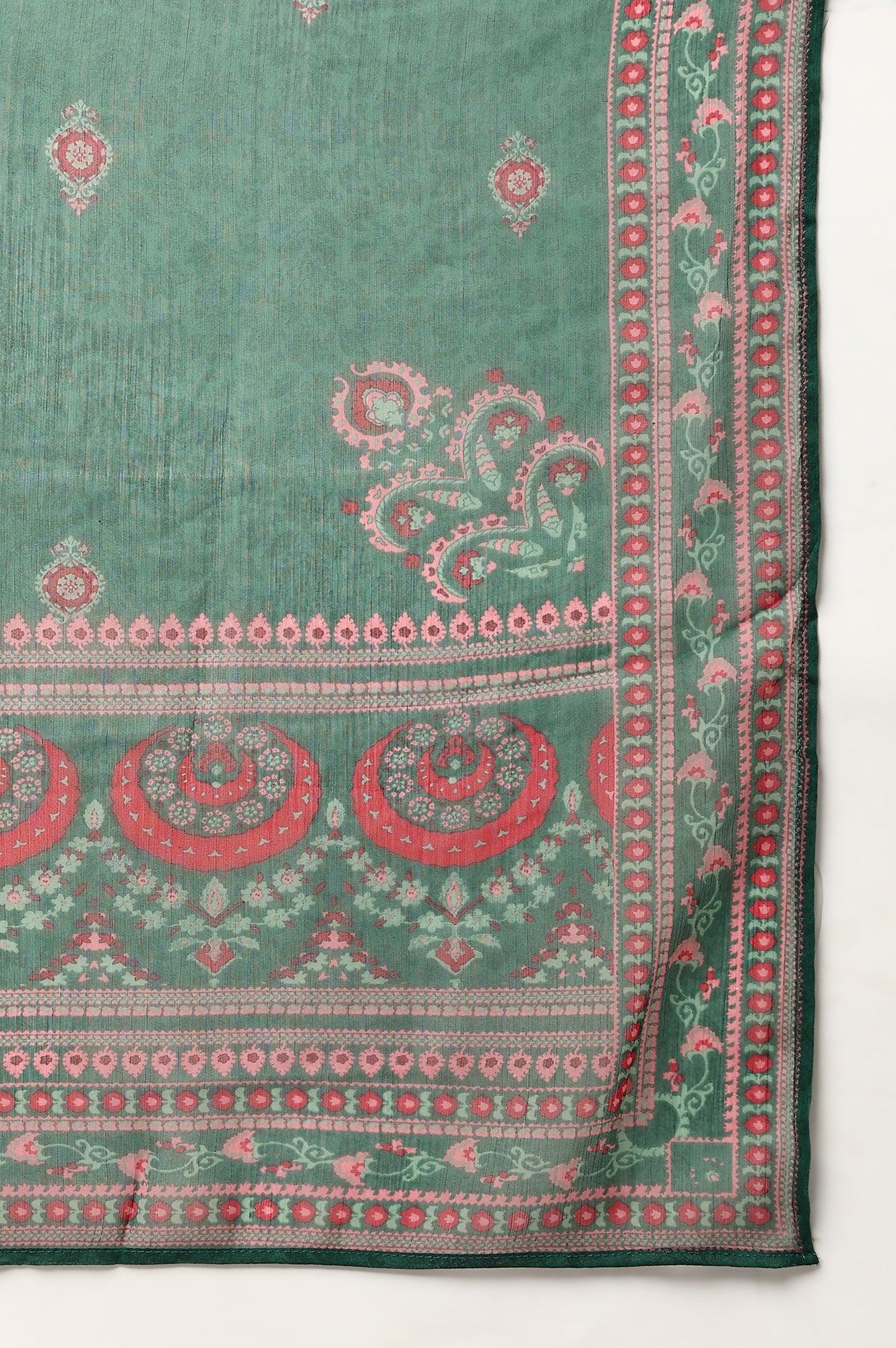 Plus Size Mustard Yellow Embroidered kurta With Green Tights And Printed Dupatta - Image 8