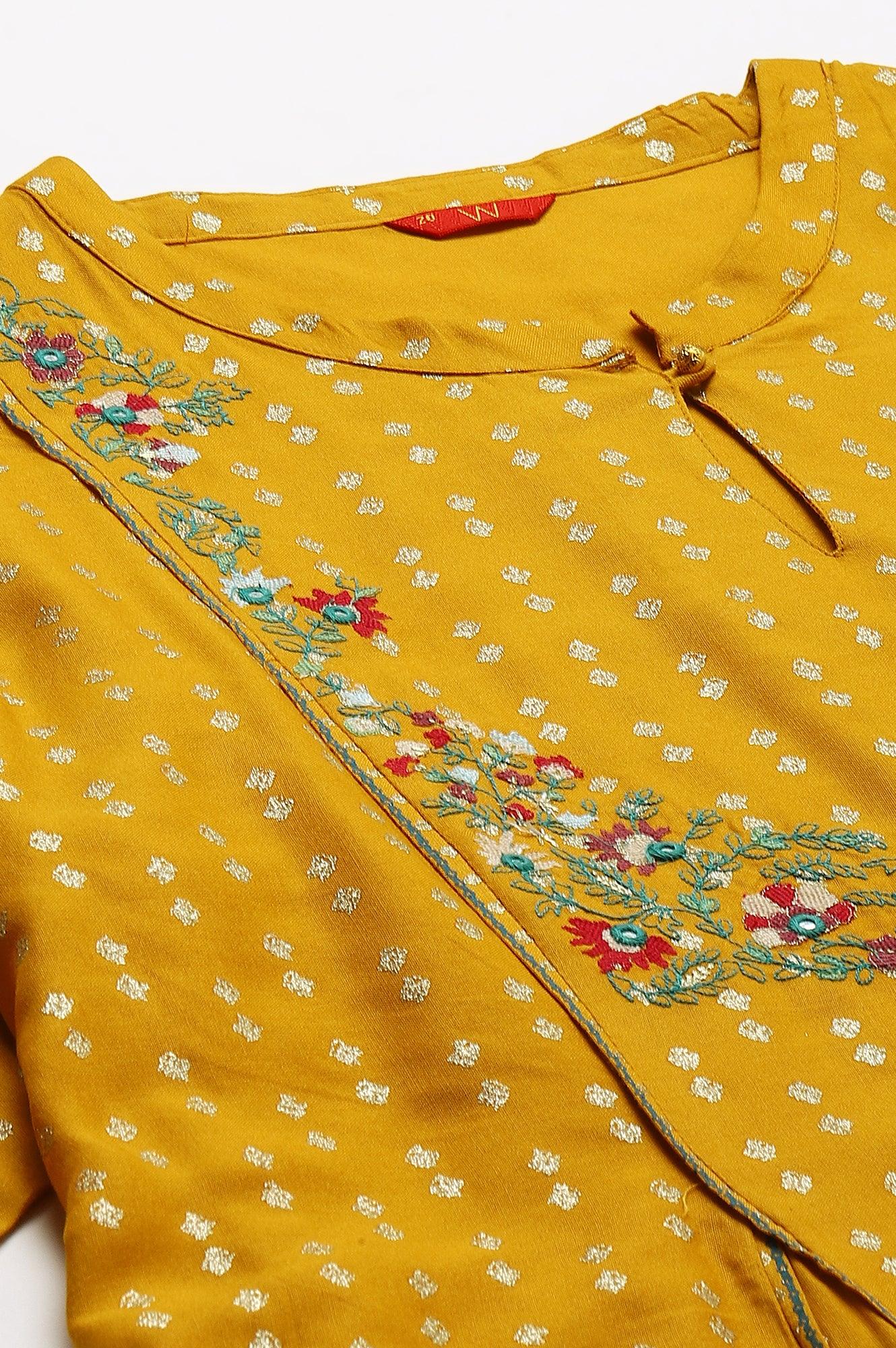 Plus Size Mustard Yellow Embroidered kurta With Green Tights And Printed Dupatta - Image 9