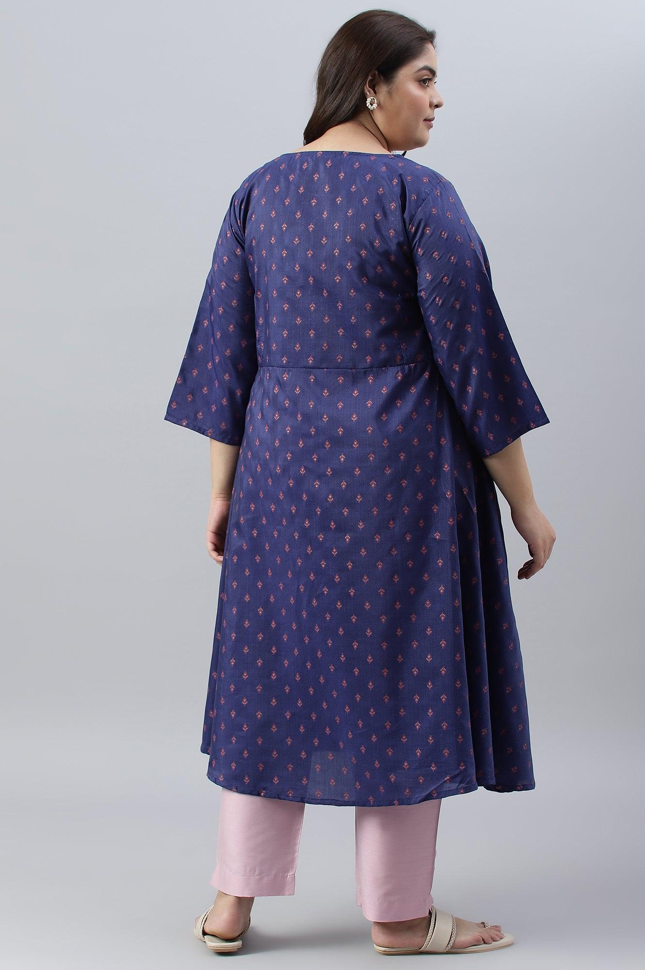 Plus Size Navy Blue Circular kurta With Seqiuns - Image 2