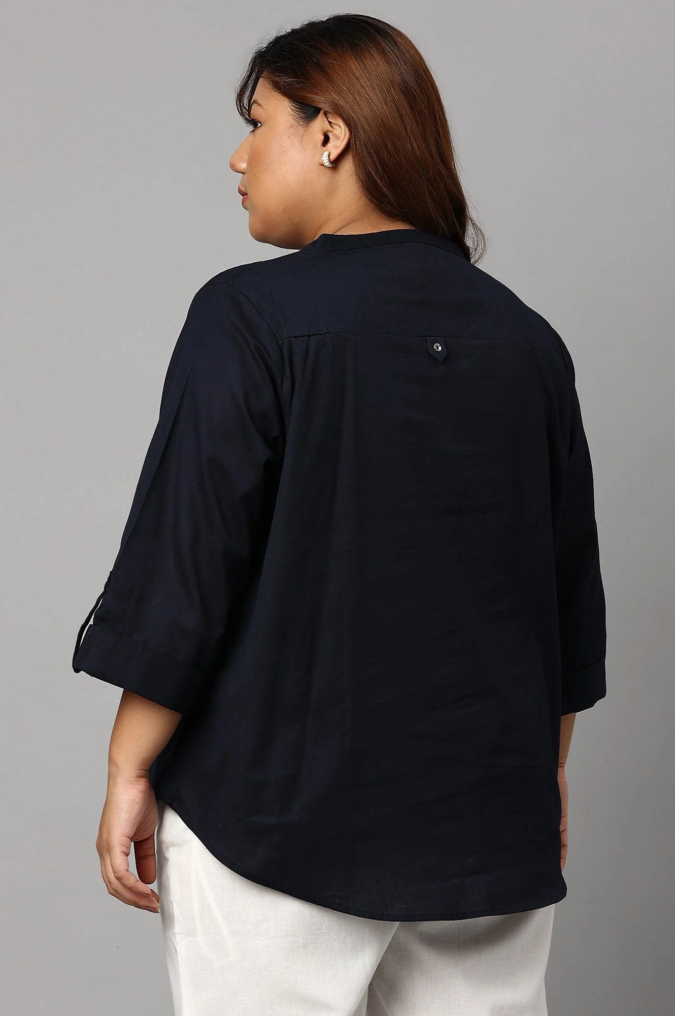 Plus Size Navy Blue Cotton Flax Top - Image 2