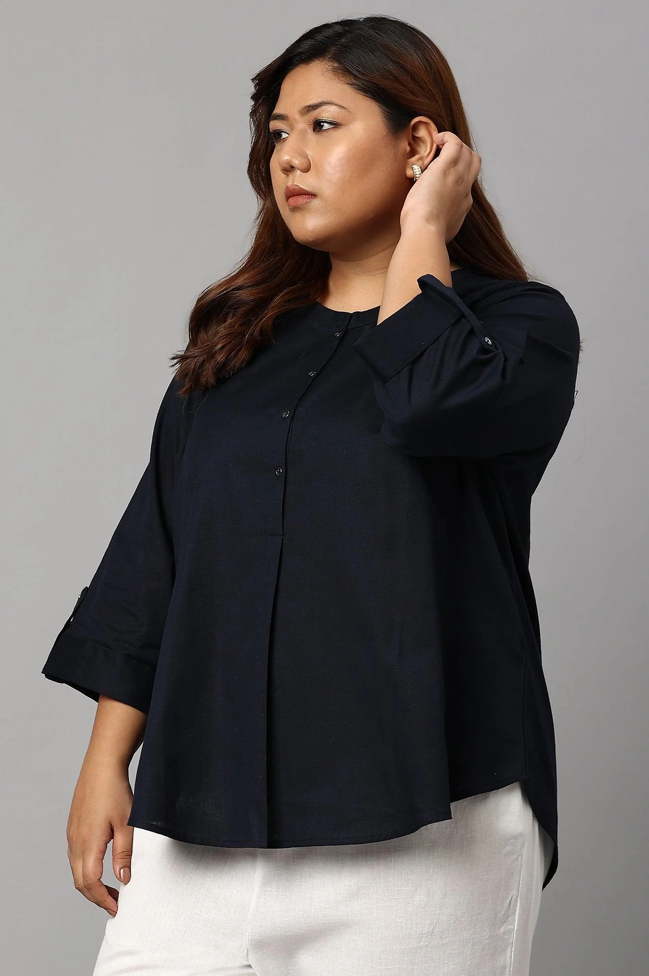 Plus Size Navy Blue Cotton Flax Top - Image 3
