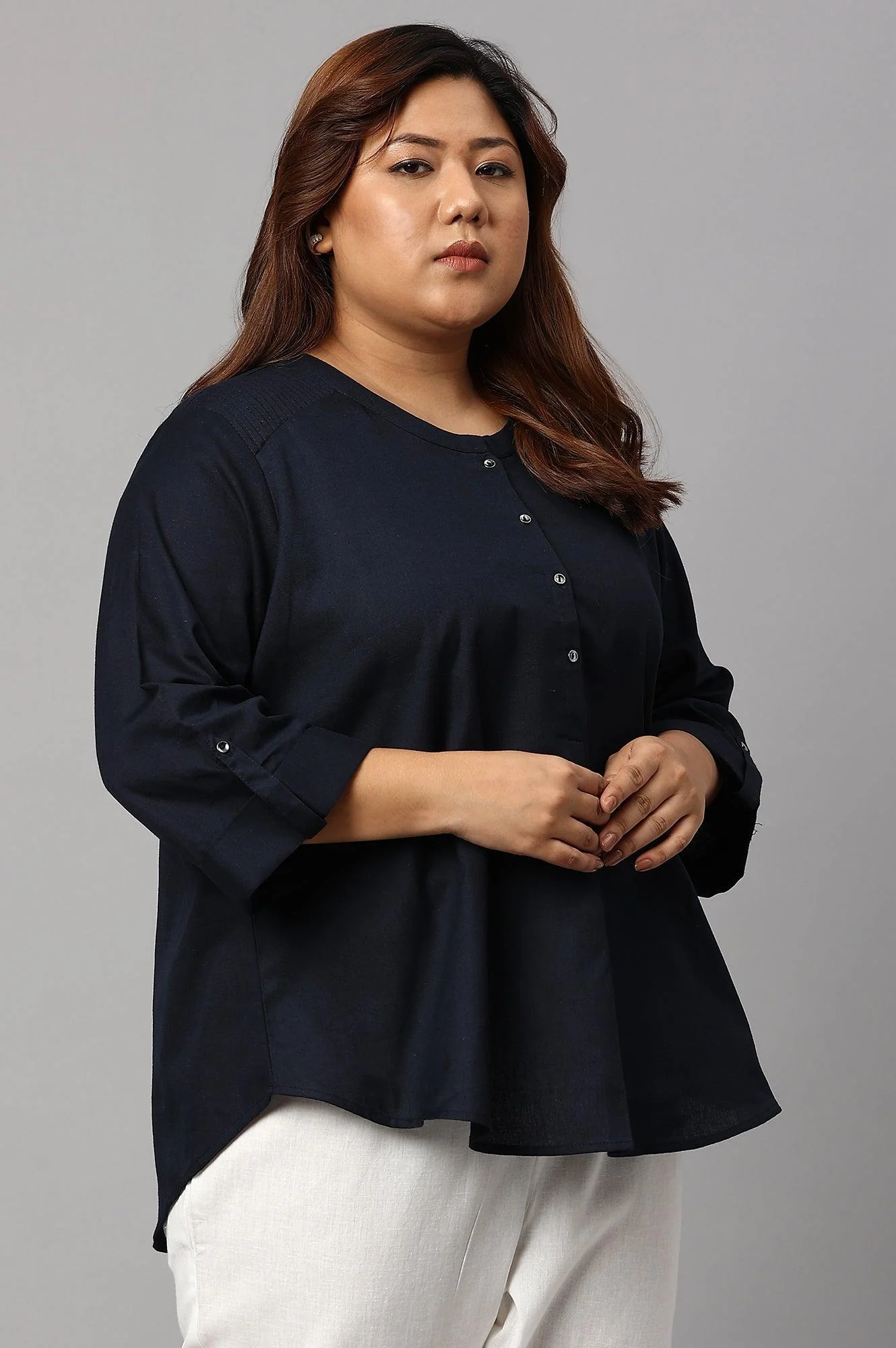 Plus Size Navy Blue Cotton Flax Top - Image 4