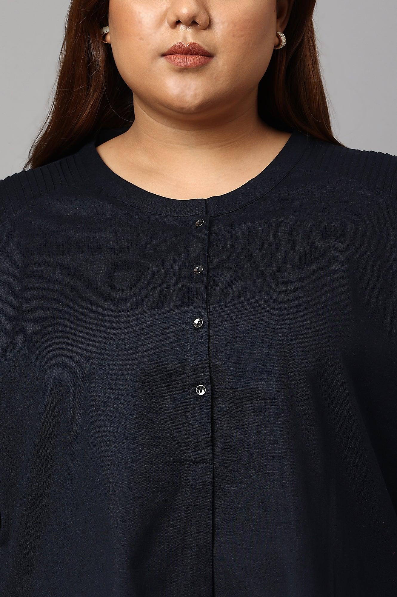 Plus Size Navy Blue Cotton Flax Top - Image 5