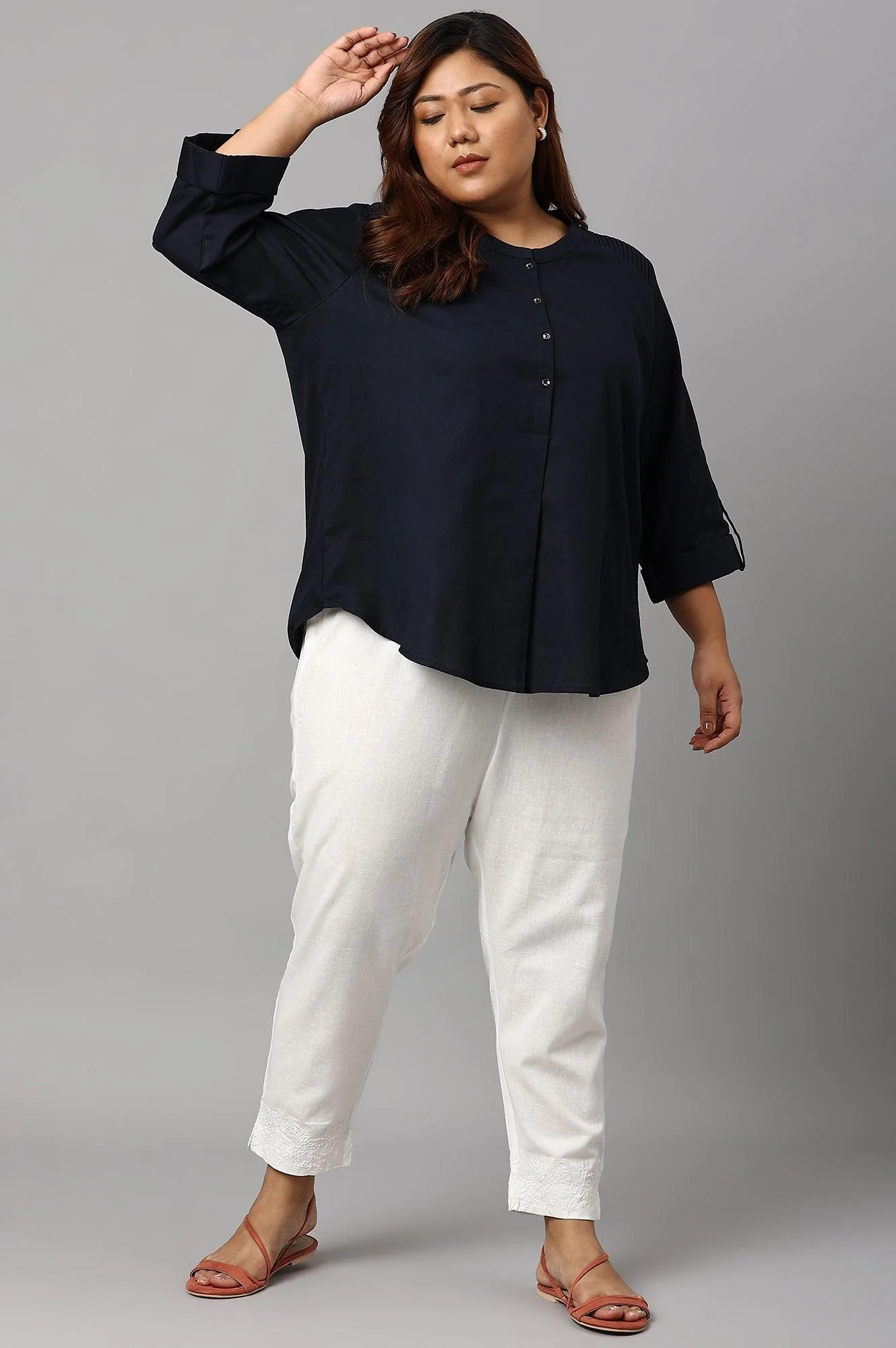 Plus Size Navy Blue Cotton Flax Top - Image 6