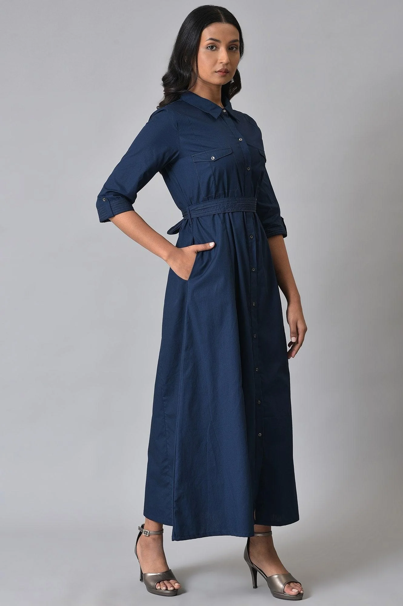 Navy Blue Cotton Plus Size Belted Shirt Dress - Image 4