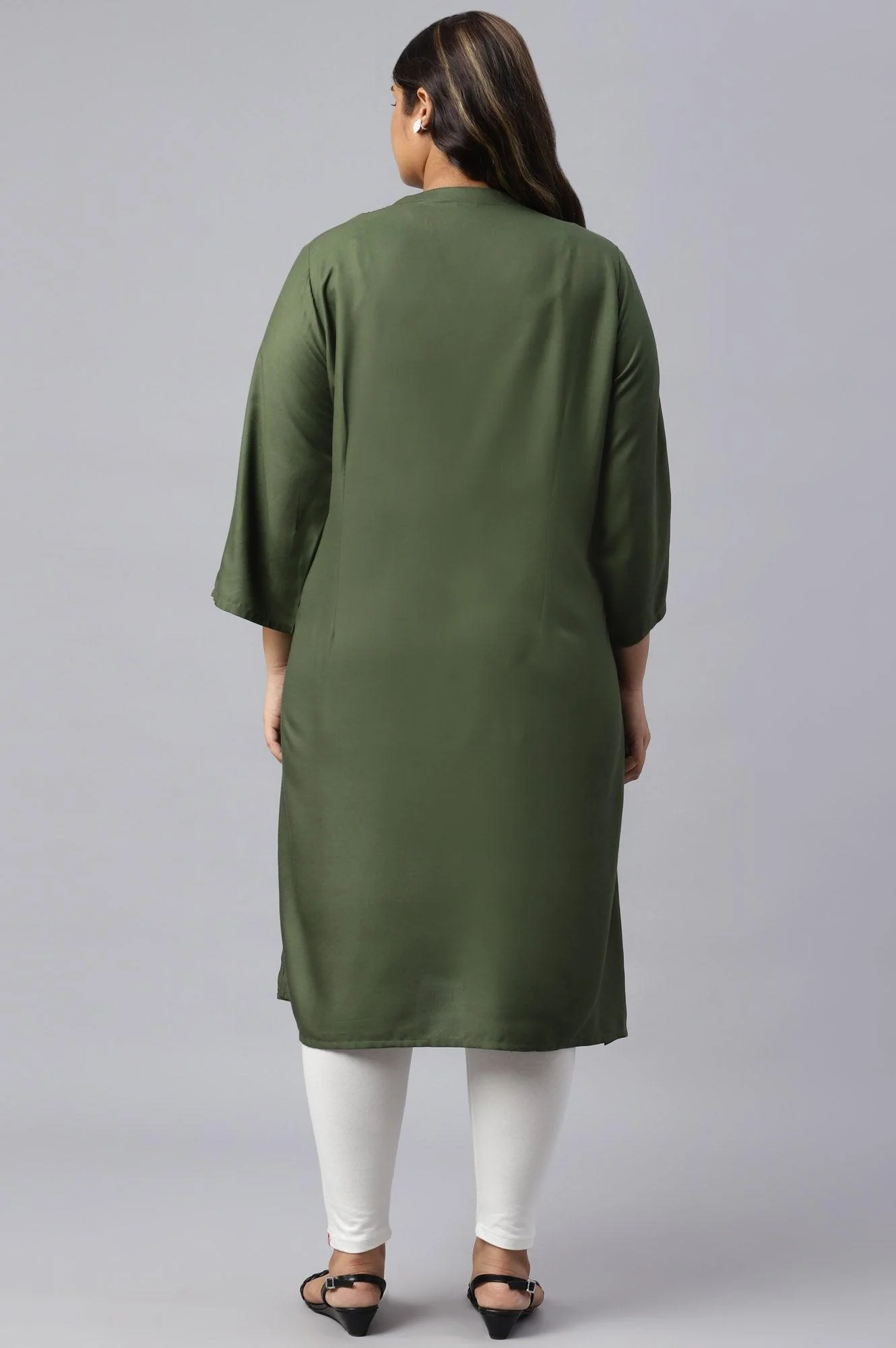 Plus Size Olive Green Pleated kurta With Embroidery - Image 2