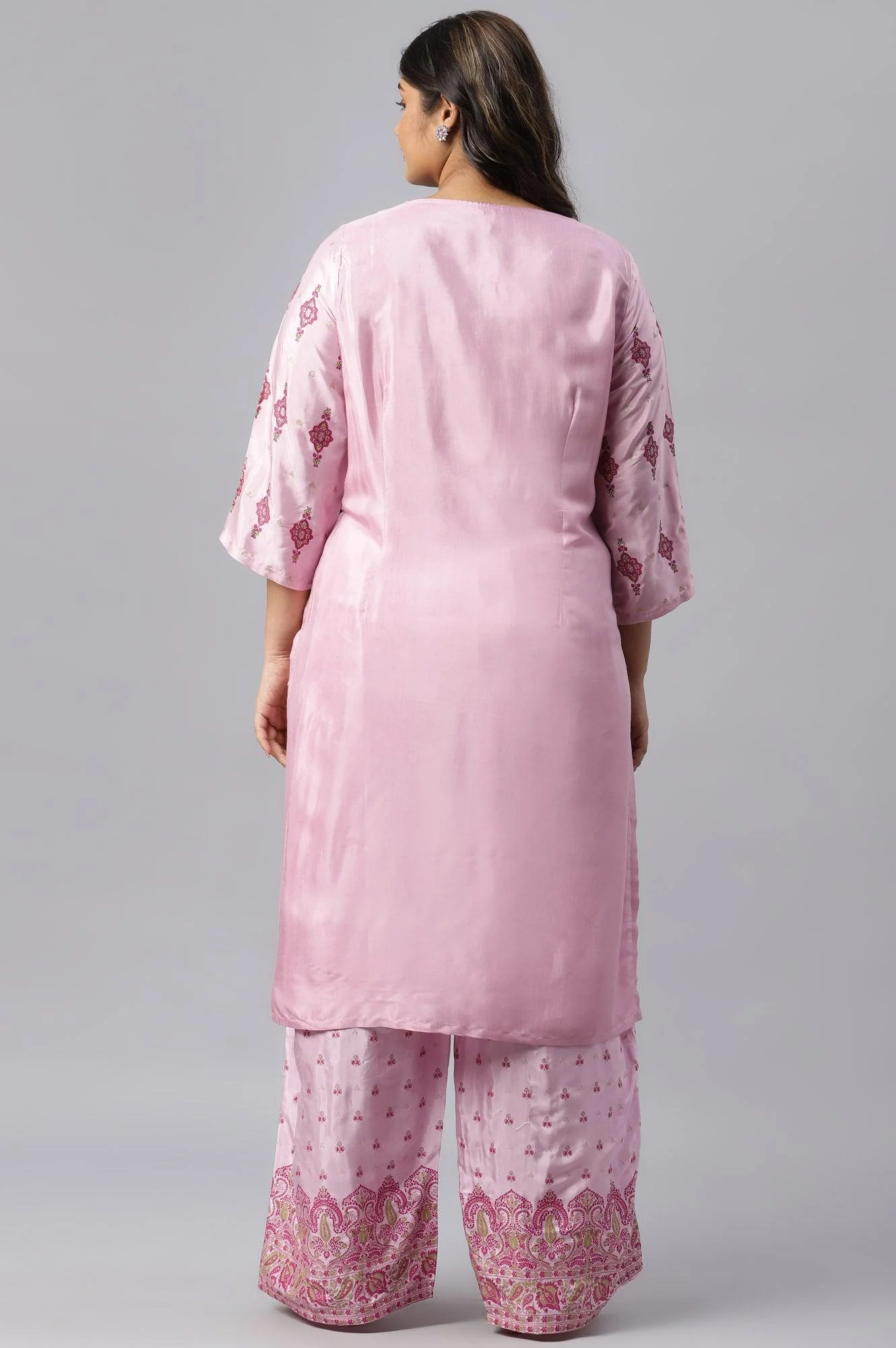Plus Size Pink Glitter Printed Shantung kurta - Image 2
