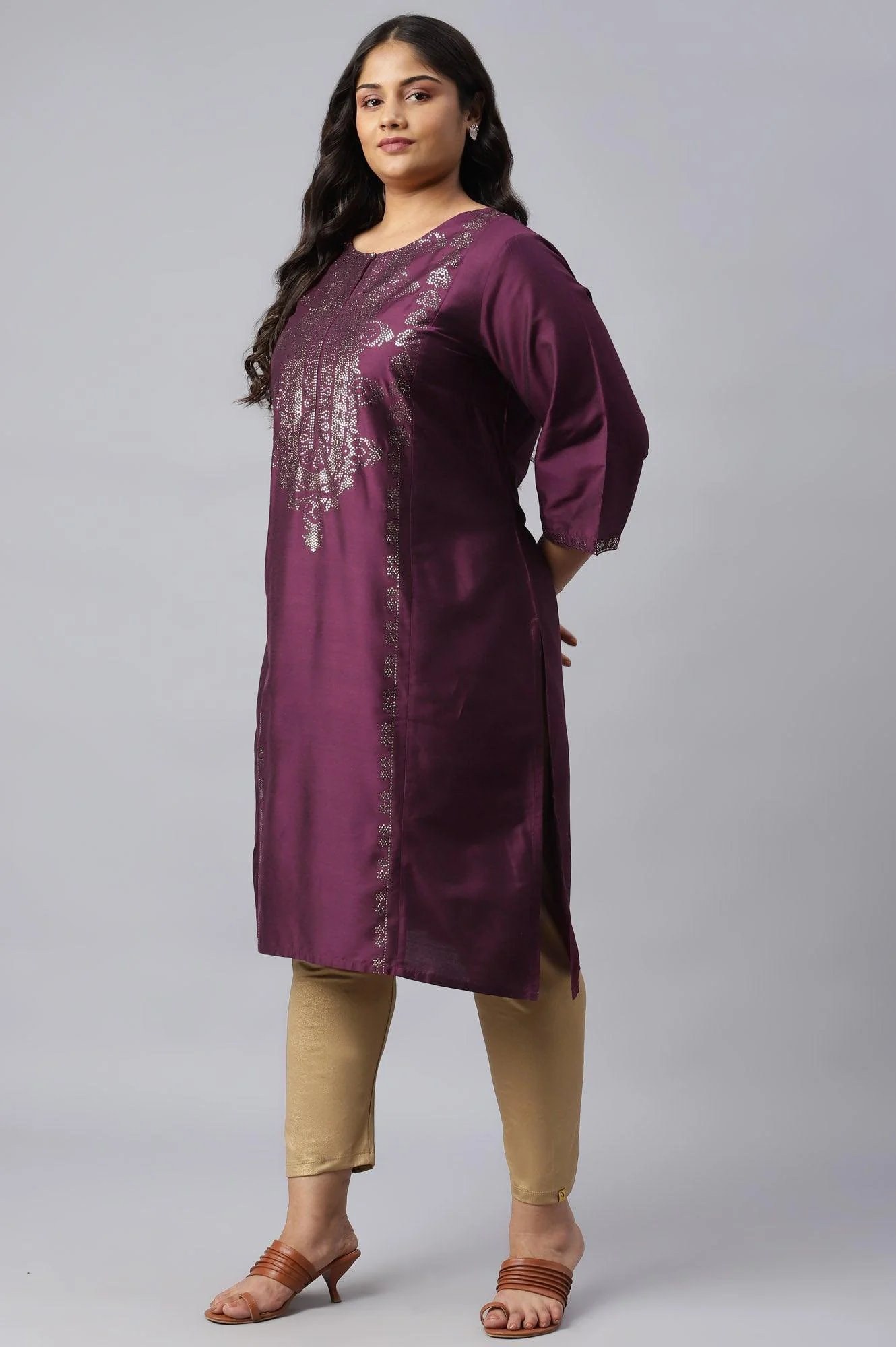 Plus Size Pink Mukaish Placement Print kurta - Image 3