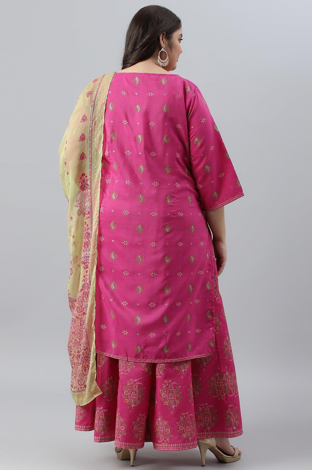 Plus Size Pink Printed kurta With Culottes And Green Dupatta - Image 2