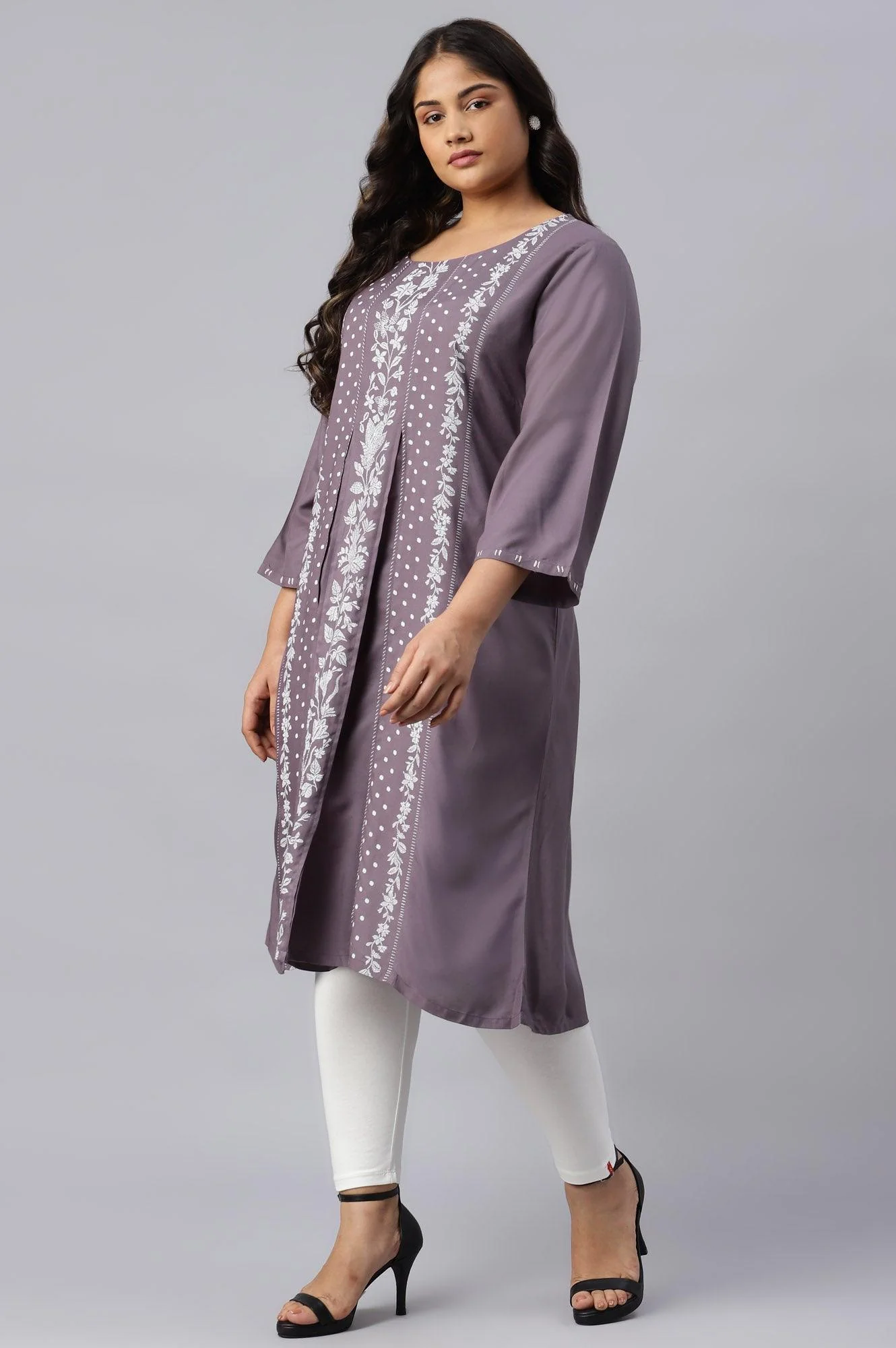 Plus Size Purple Floral Print kurta With Godets - Image 3