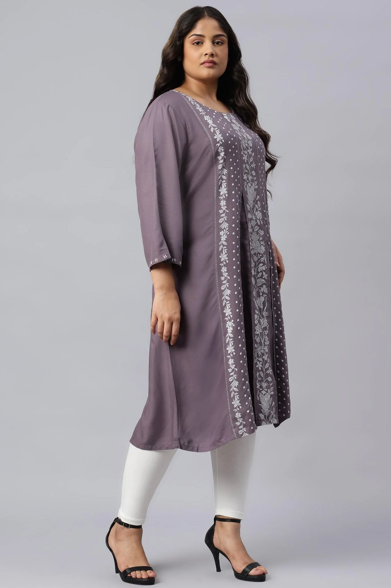 Plus Size Purple Floral Print kurta With Godets - Image 4