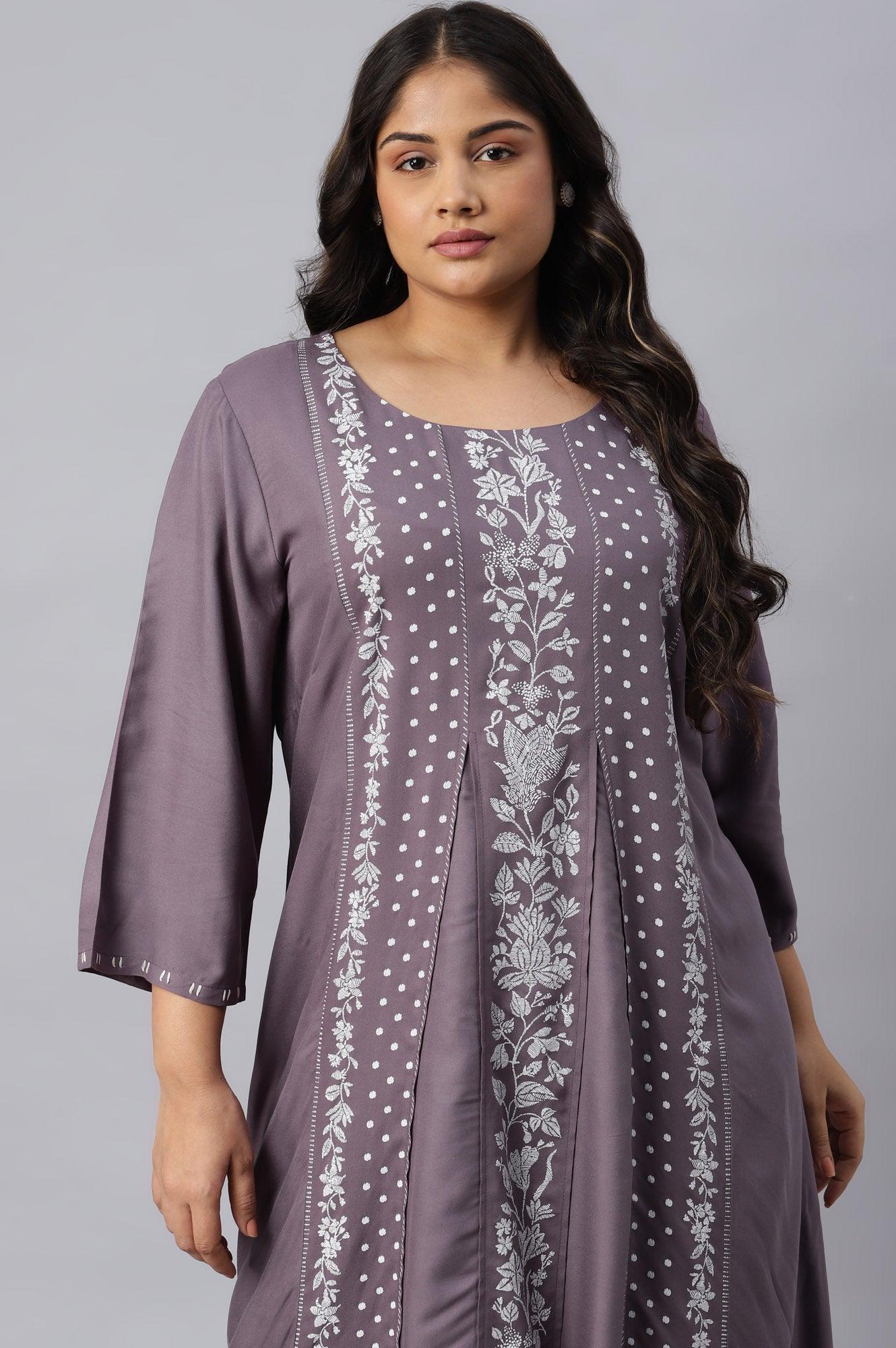 Plus Size Purple Floral Print kurta With Godets - Image 5