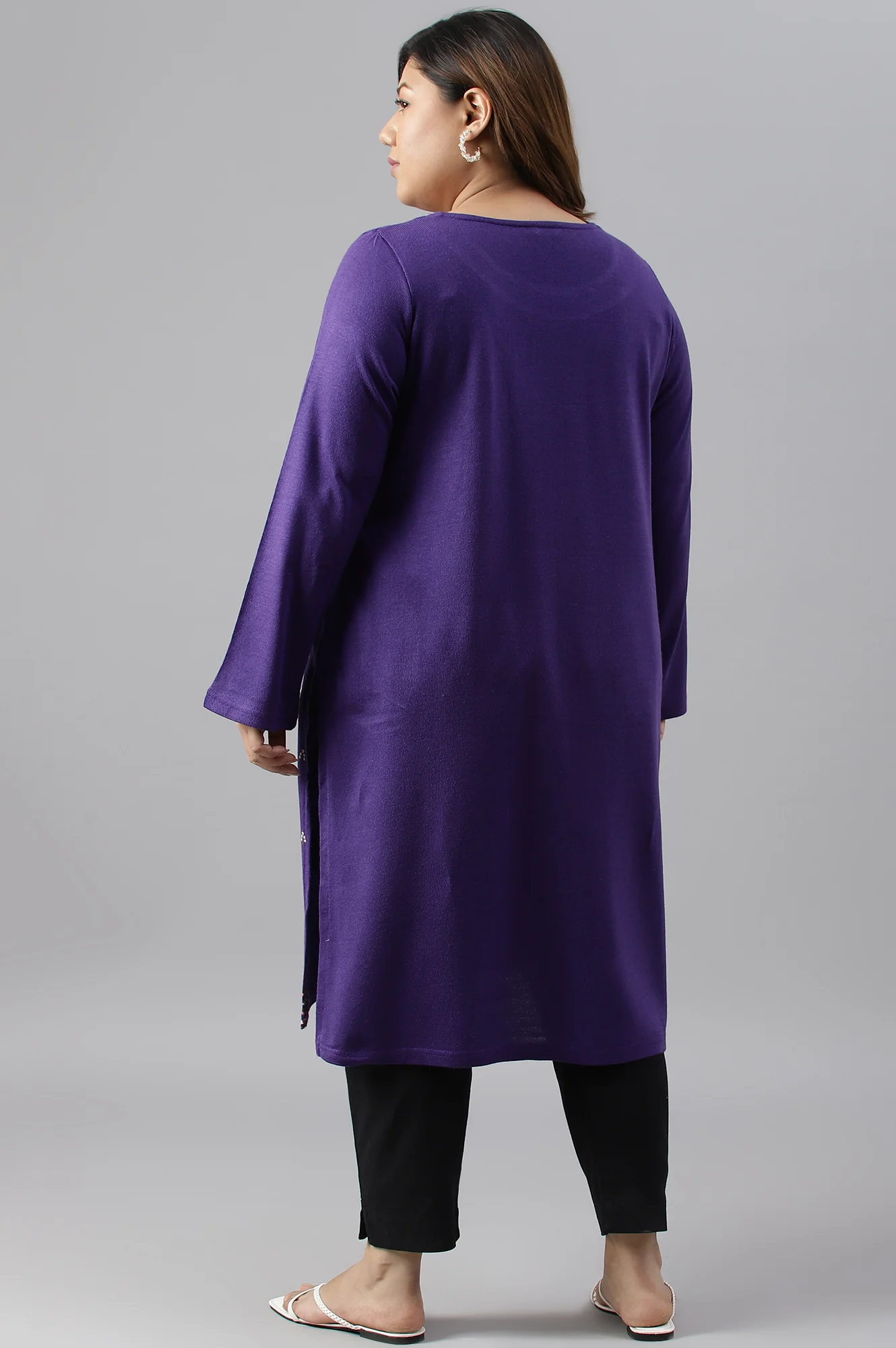 Plus Size Purple Floral Printed Knitted Winter kurta - Image 2