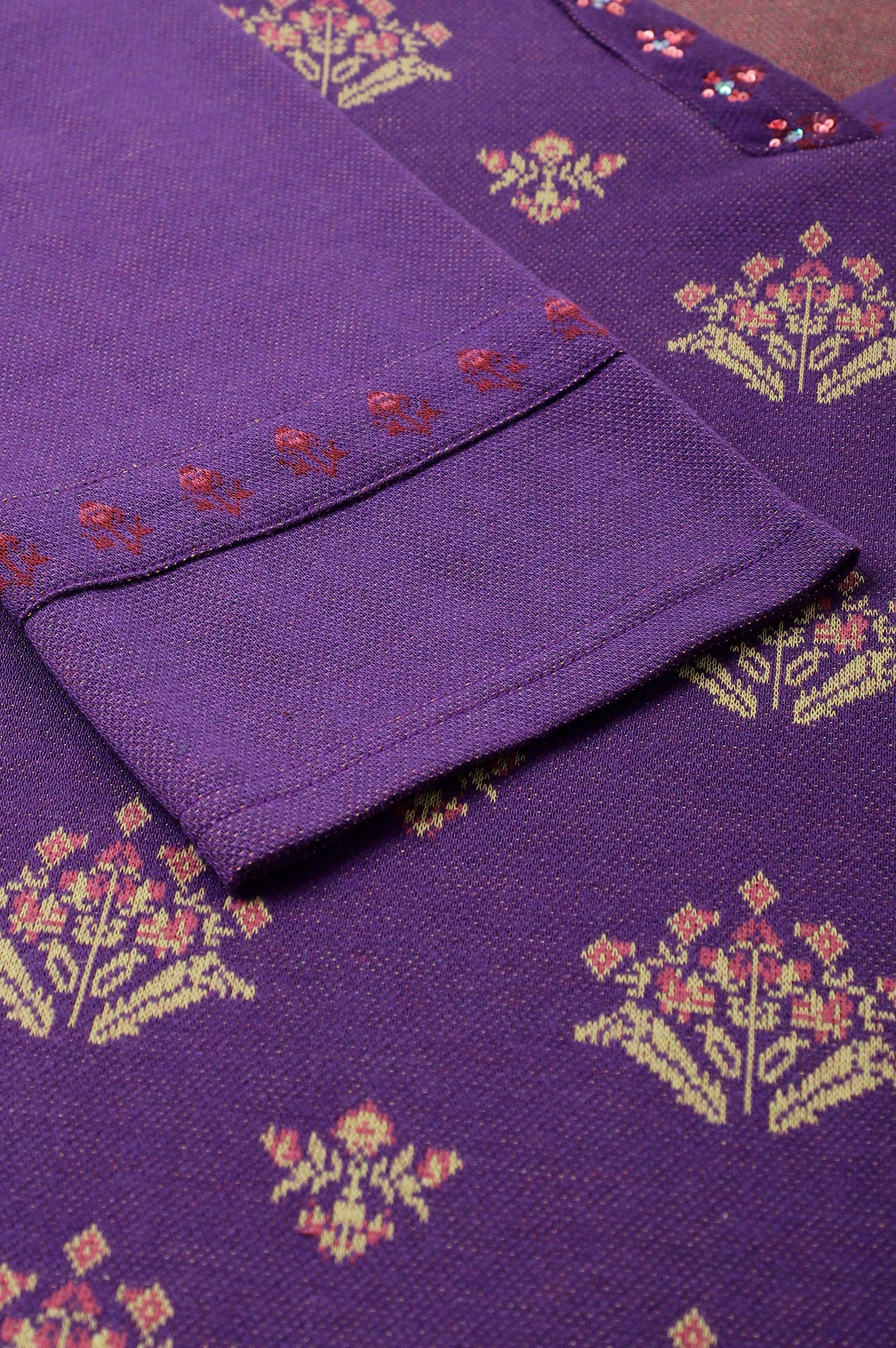 Plus Size Purple Floral Printed Knitted Winter kurta - Image 8