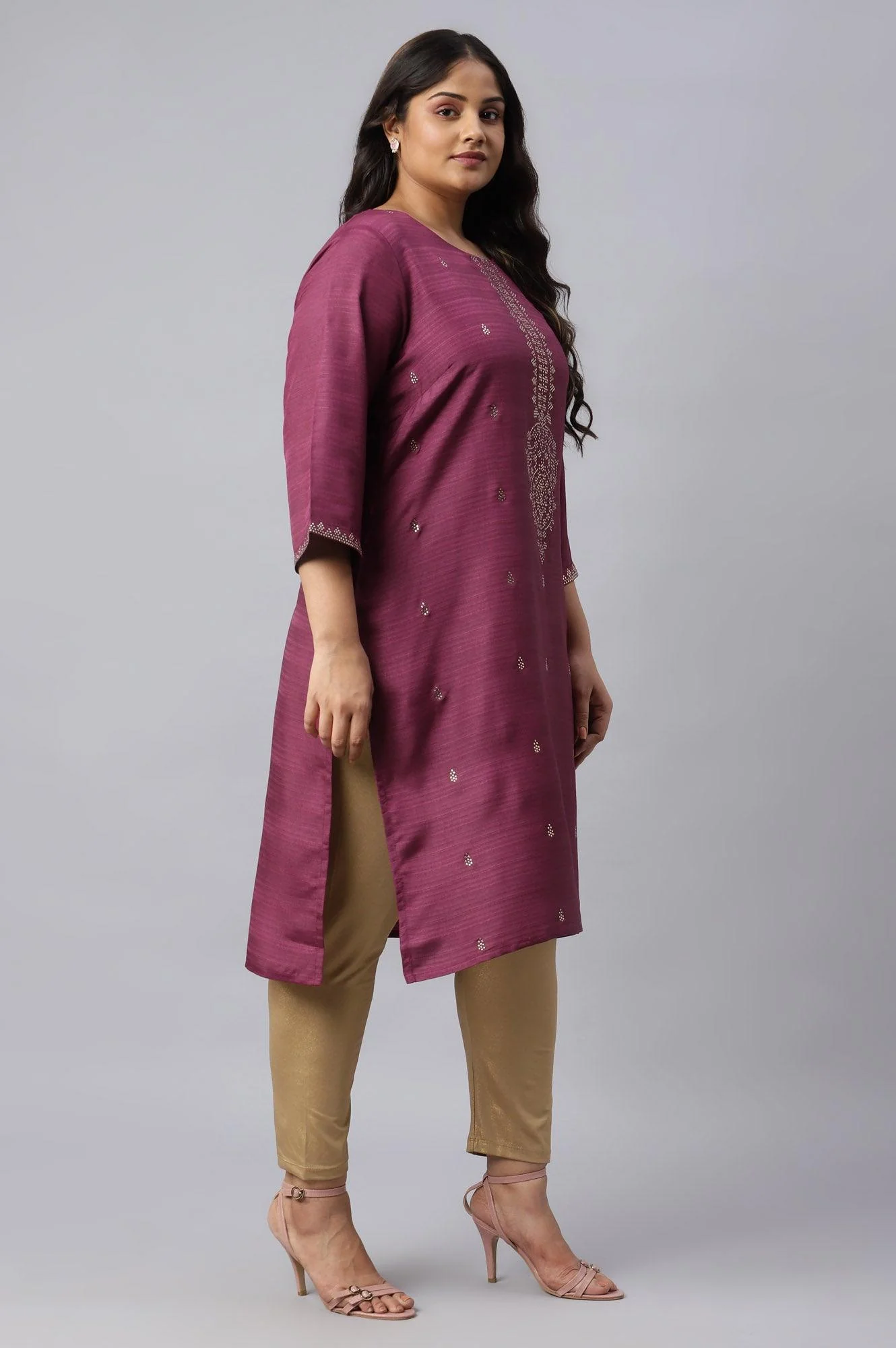 Plus Size Purple Karnatka Silk Mukaish Print kurta - Image 4