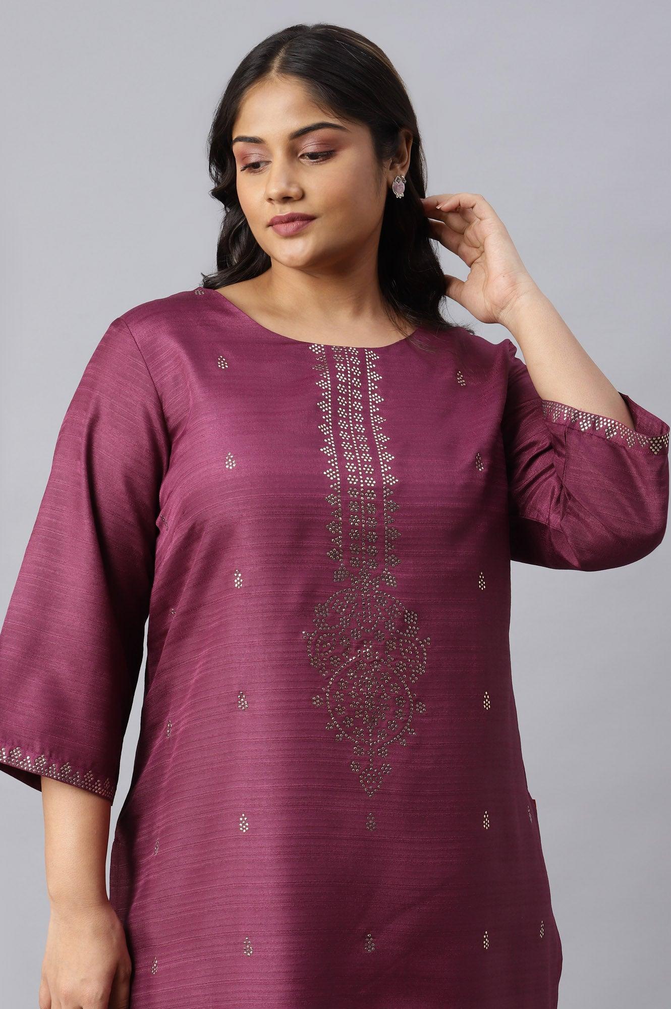 Plus Size Purple Karnatka Silk Mukaish Print kurta - Image 5