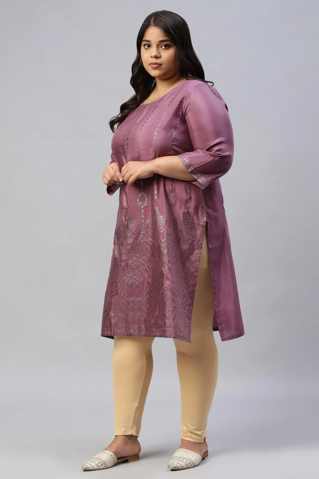 Plus Size Purple Shantung Mukaish Printed kurta - Image 3
