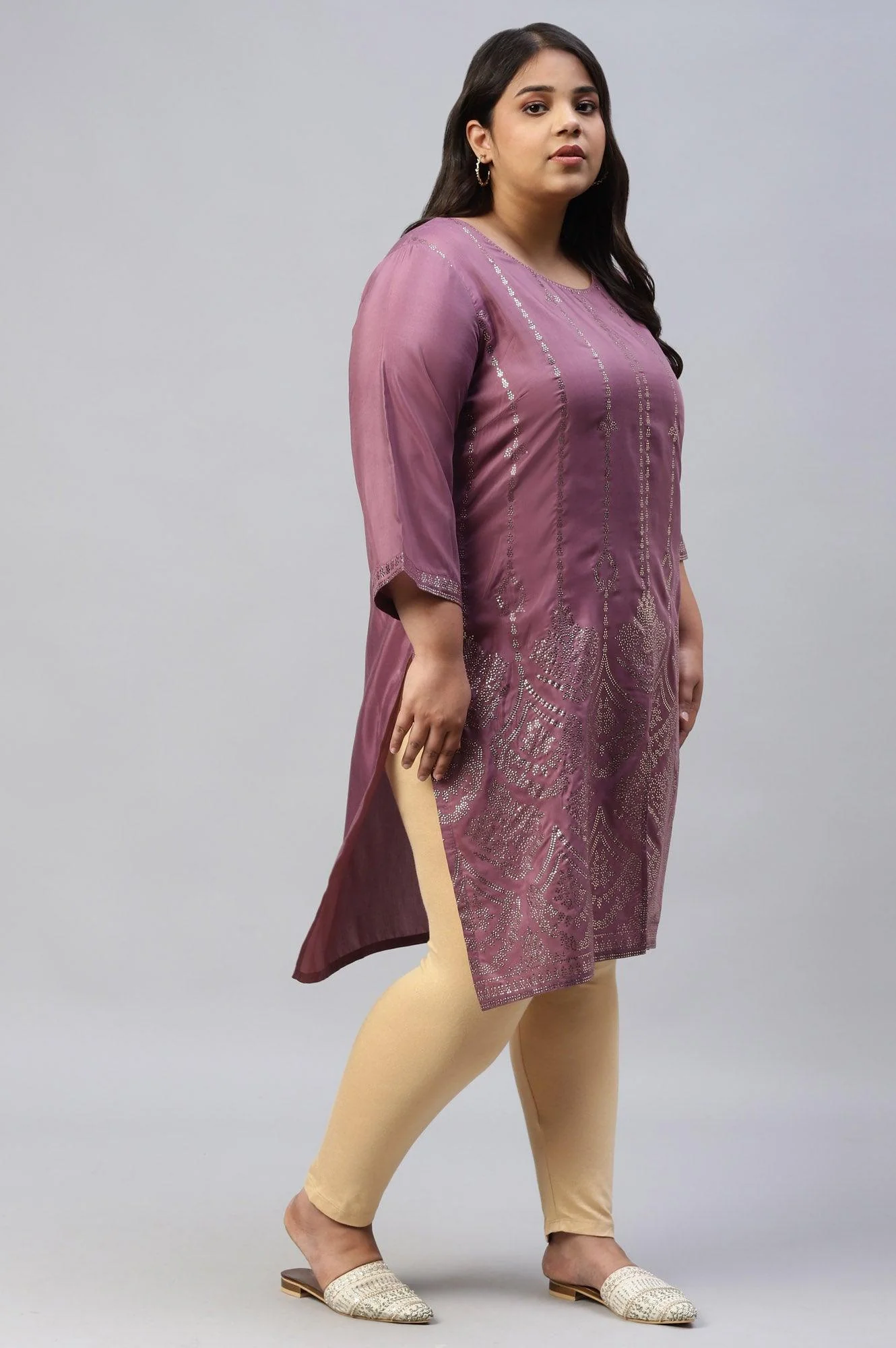 Plus Size Purple Shantung Mukaish Printed kurta - Image 4