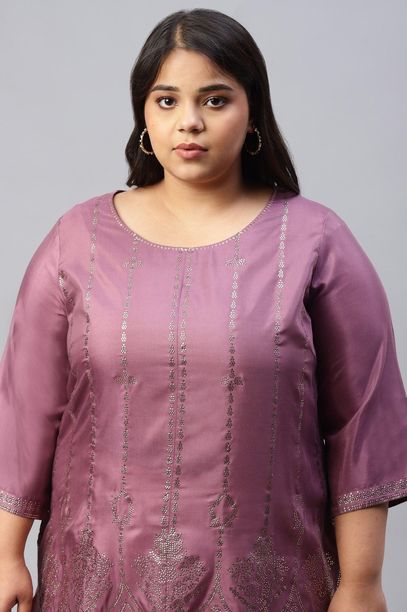 Plus Size Purple Shantung Mukaish Printed kurta - Image 5