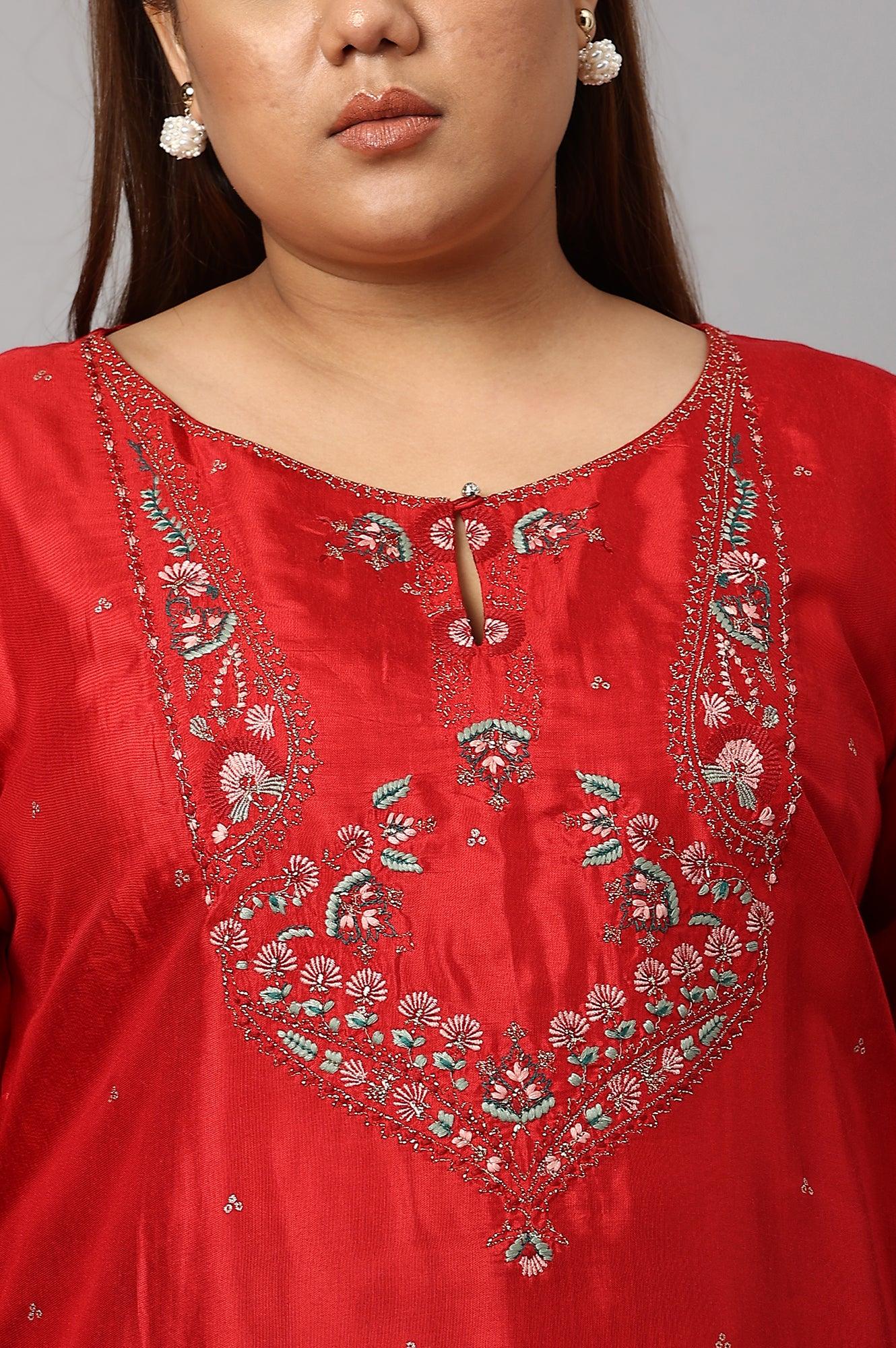 Plus Size Red Embroidered Shantung kurta - Image 5