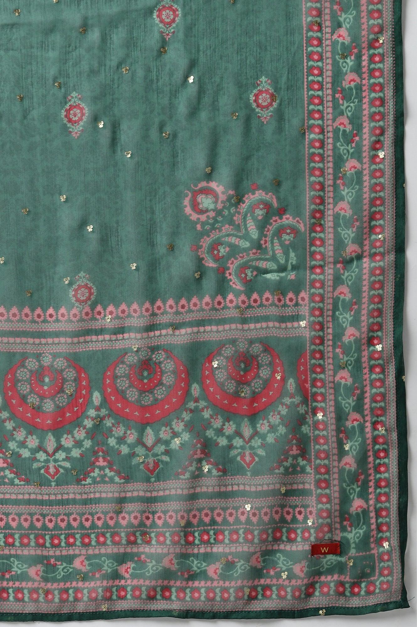 Plus Size Red Glitter Printed Festive kurta With Green Slim Pants And Printed Dupatta - Image 10
