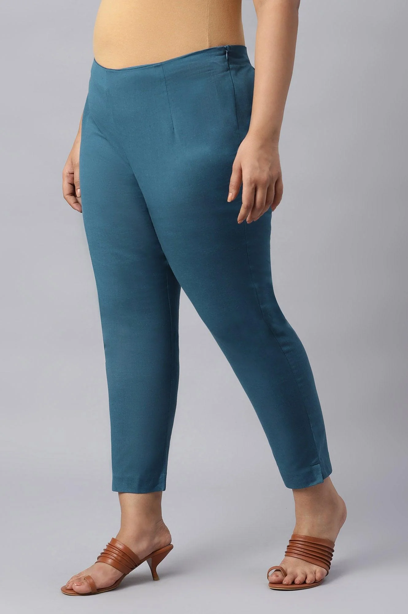 Plus Size Teal Blue Cotton Blend Slim Pants - Image 3