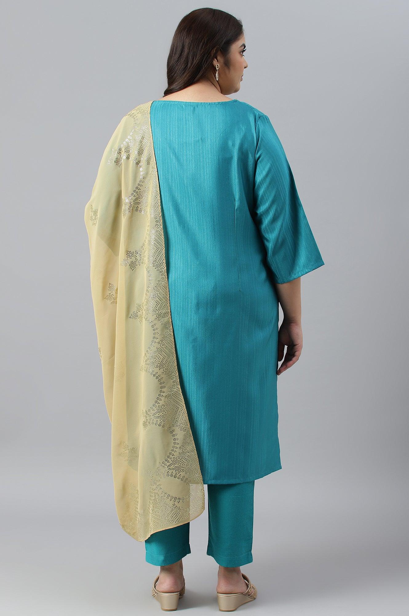 Plus Size Teal Green Karnatka Silk kurta With Slim Pants And Mukaish Dupatta - Image 2