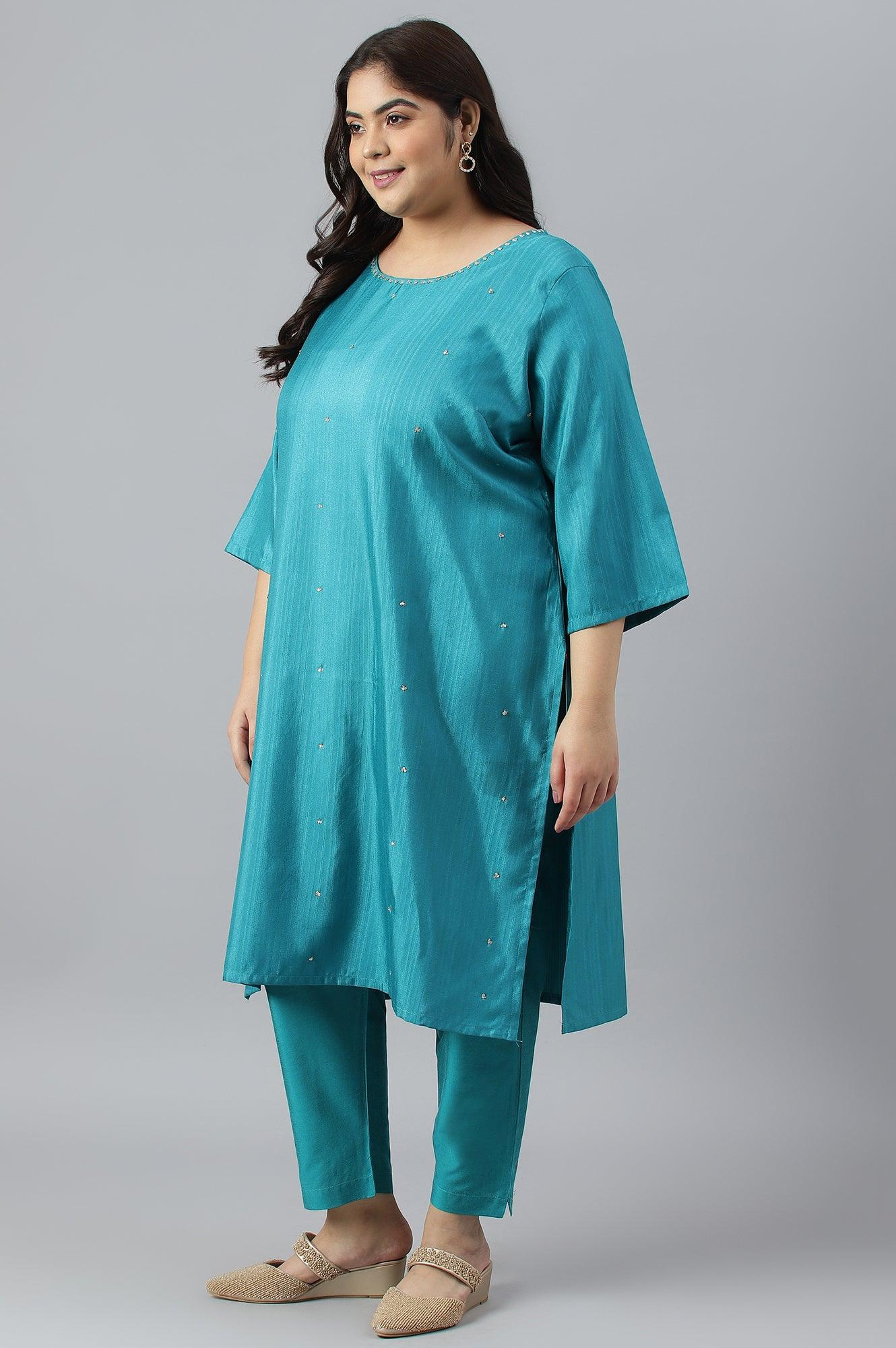 Plus Size Teal Green Karnatka Silk kurta With Slim Pants And Mukaish Dupatta - Image 3