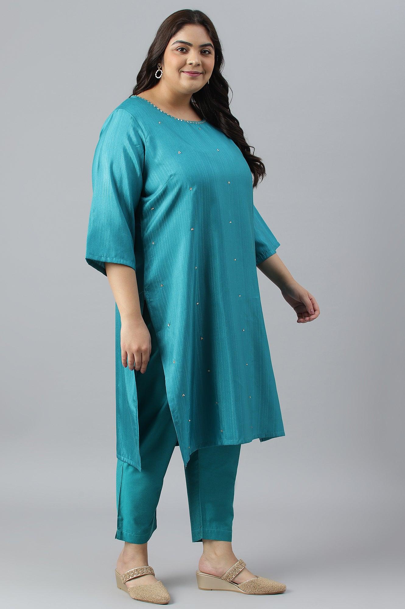 Plus Size Teal Green Karnatka Silk kurta With Slim Pants And Mukaish Dupatta - Image 4