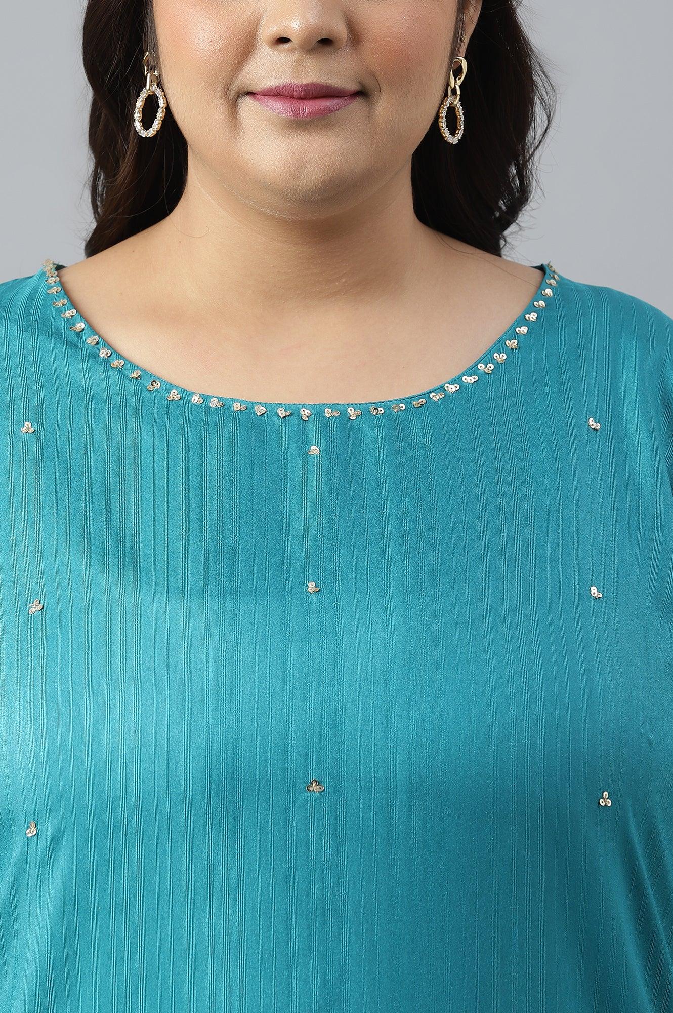 Plus Size Teal Green Karnatka Silk kurta With Slim Pants And Mukaish Dupatta - Image 5