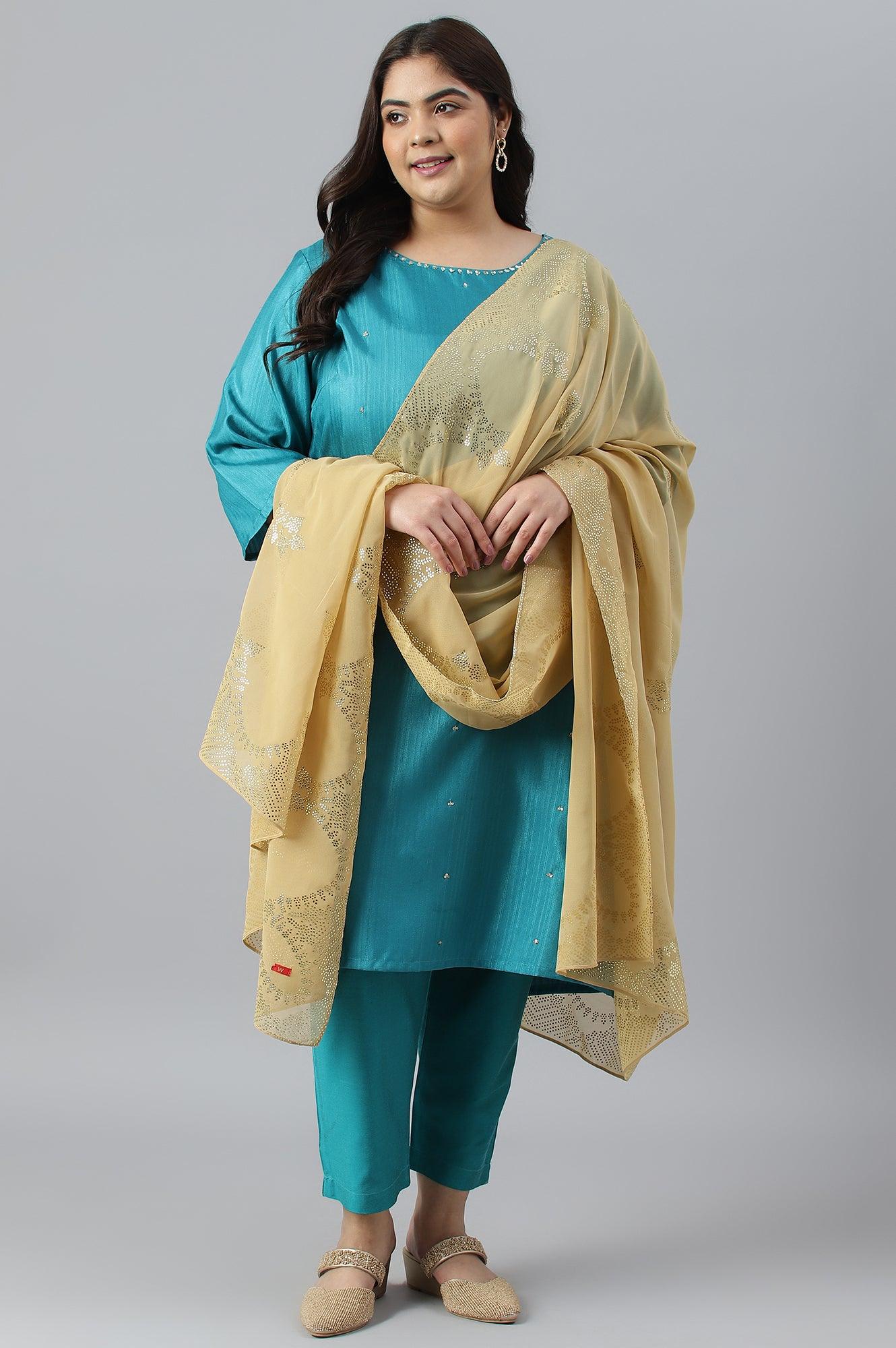 Plus Size Teal Green Karnatka Silk kurta With Slim Pants And Mukaish Dupatta - Image 6