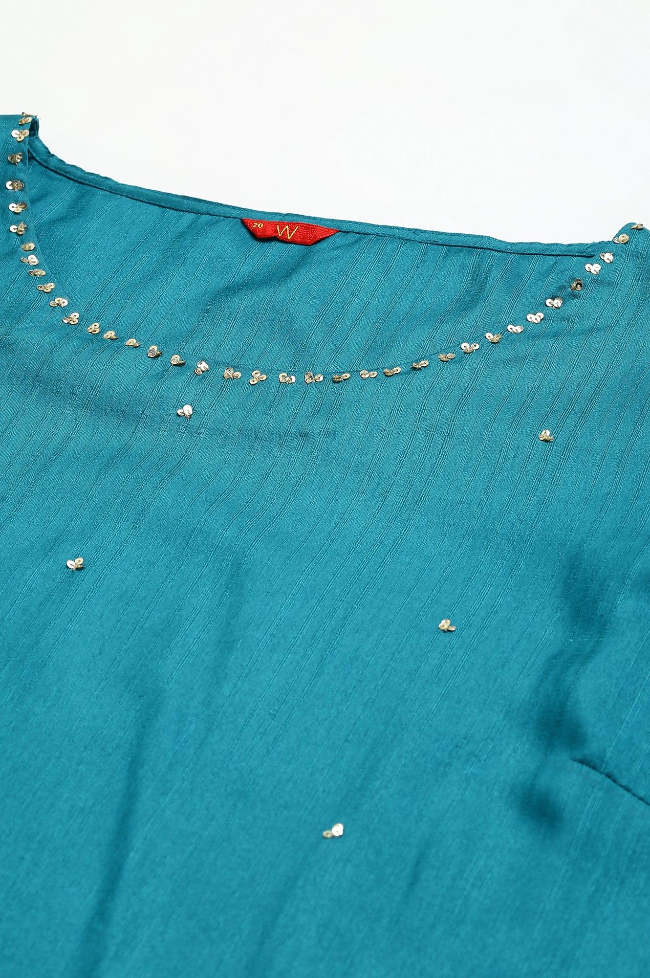 Plus Size Teal Green Karnatka Silk kurta With Slim Pants And Mukaish Dupatta - Image 7