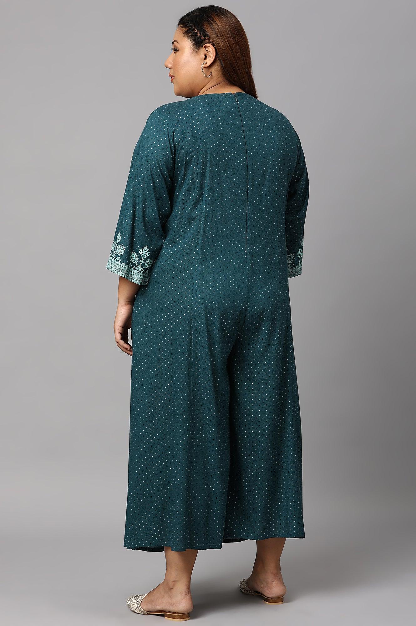 Plus Size Teal Mock Layered Liva Eco Kimono Jumpsuit - Image 2