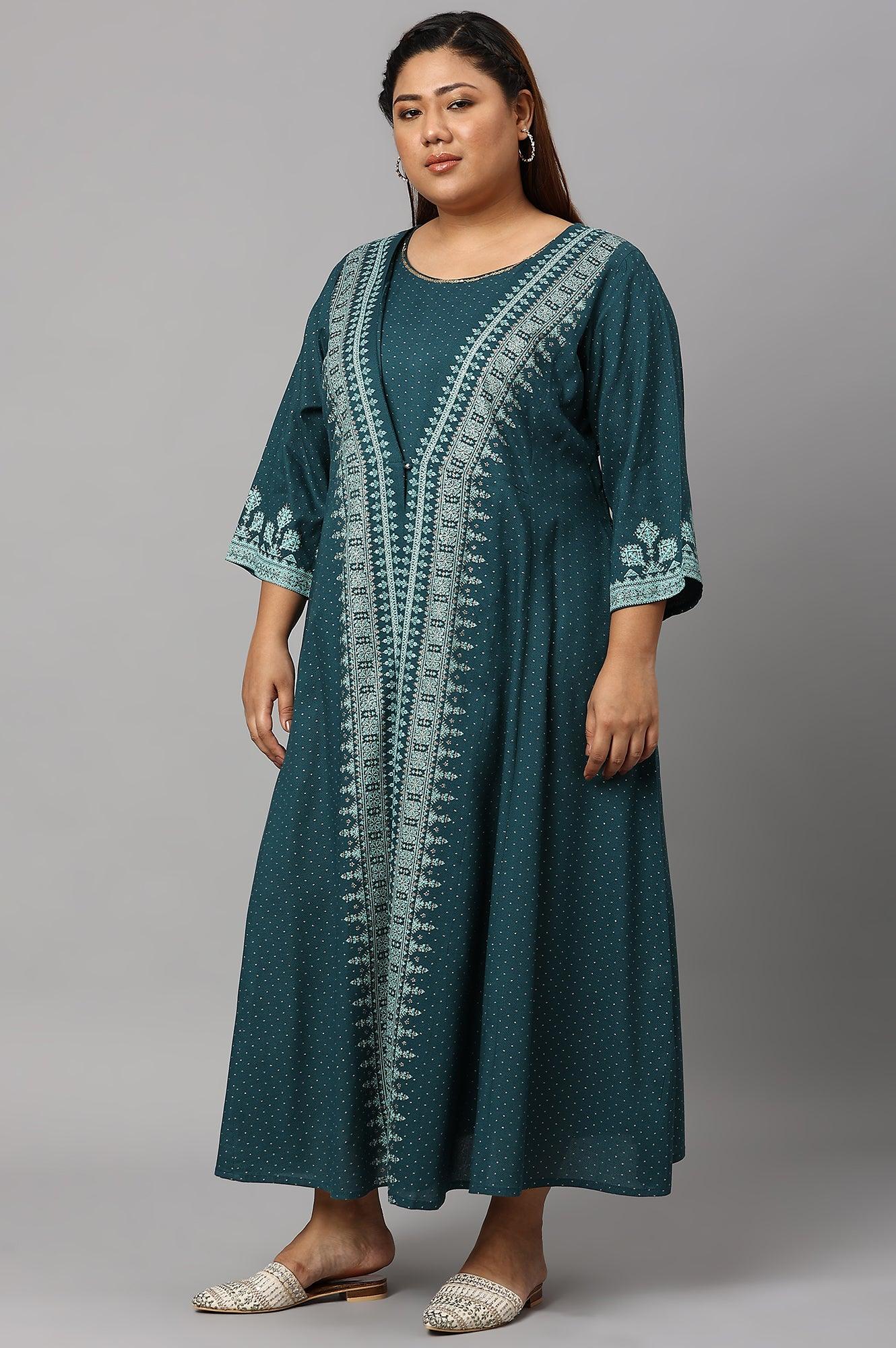 Plus Size Teal Mock Layered Liva Eco Kimono Jumpsuit - Image 3