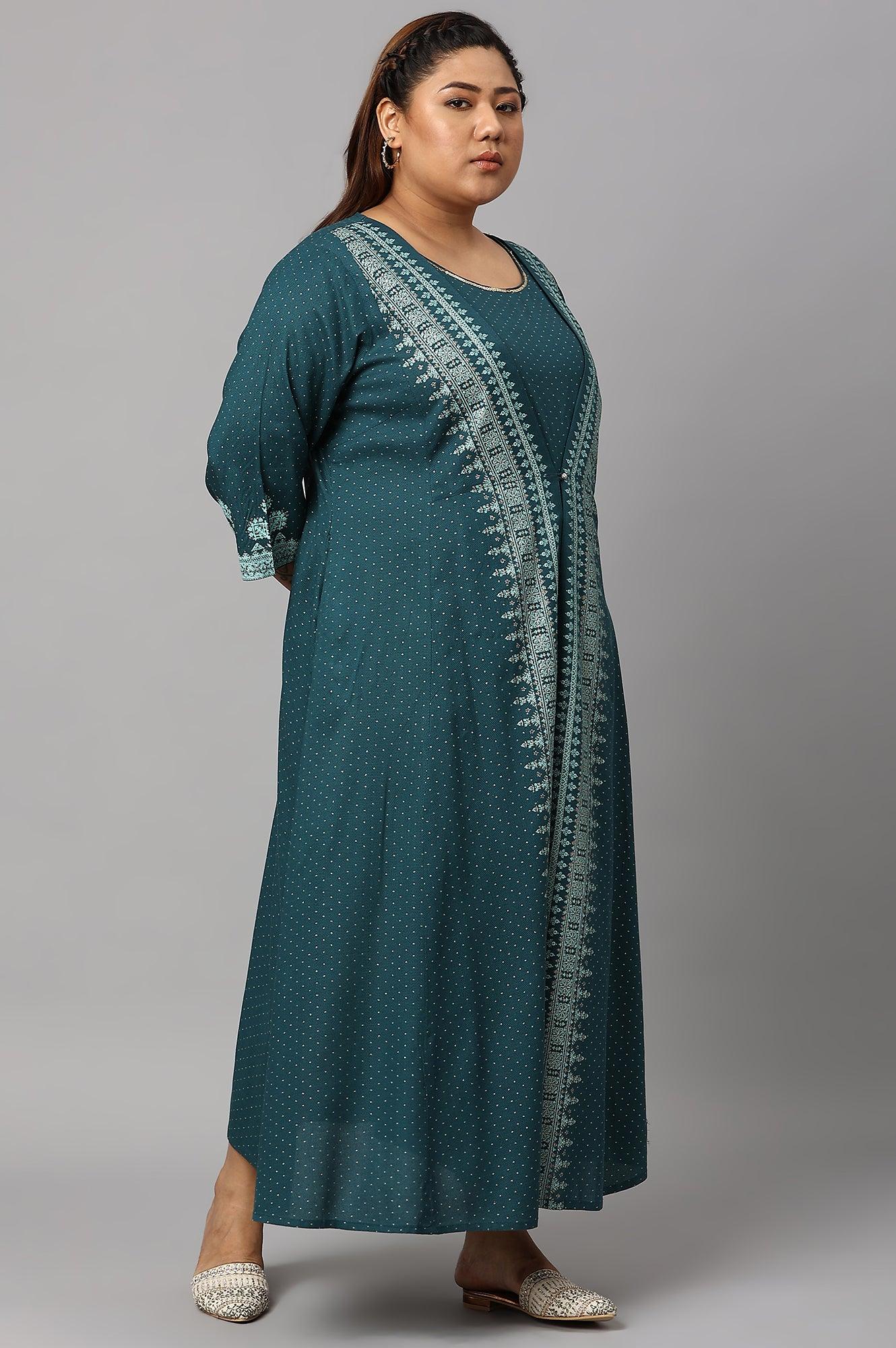 Plus Size Teal Mock Layered Liva Eco Kimono Jumpsuit - Image 4