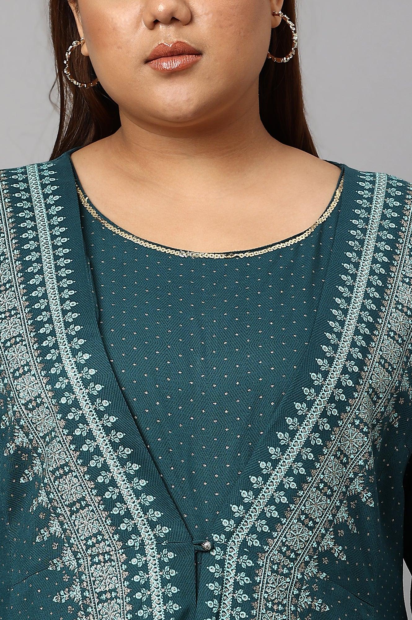 Plus Size Teal Mock Layered Liva Eco Kimono Jumpsuit - Image 5