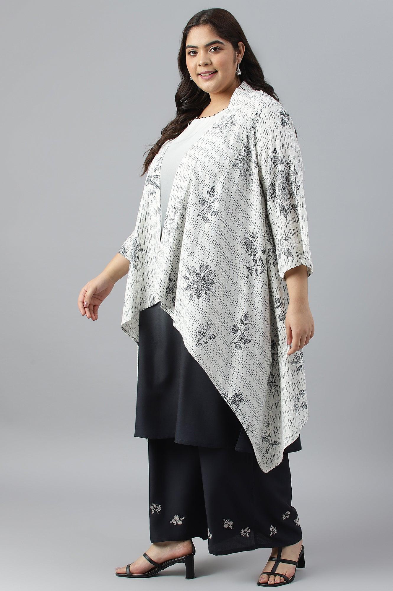 Plus Size White And Deep Blue Ombre kurta With Printed Gillet And Parallel Pants - Image 5