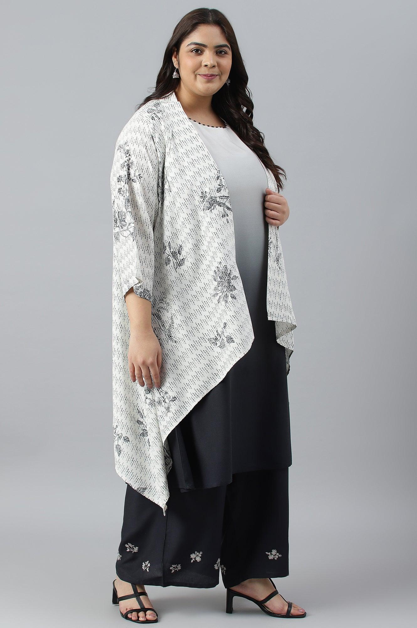 Plus Size White And Deep Blue Ombre kurta With Printed Gillet And Parallel Pants - Image 6