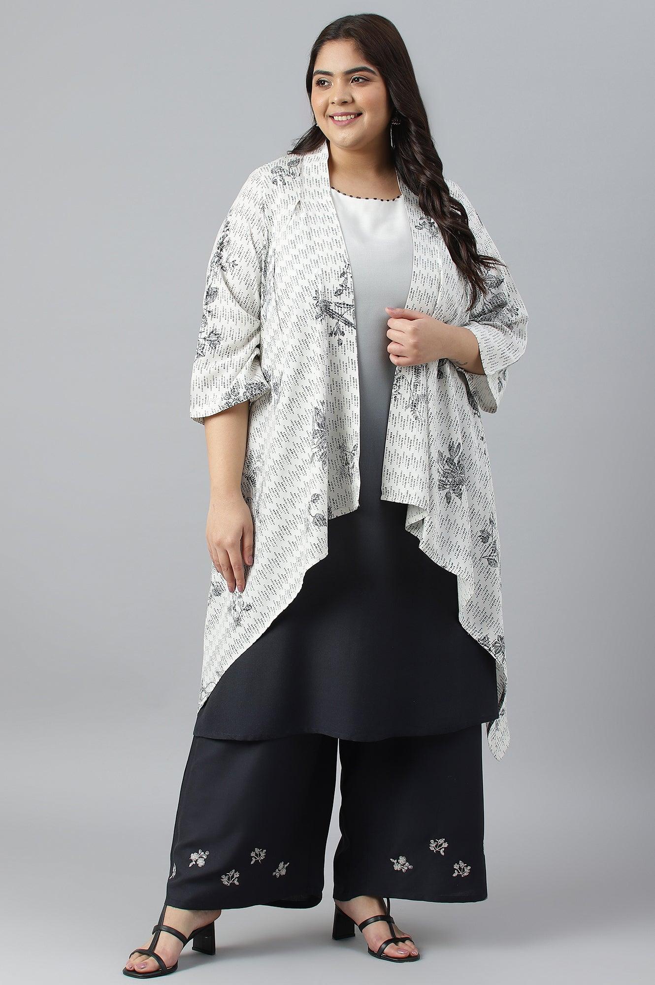 Plus Size White And Deep Blue Ombre kurta With Printed Gillet And Parallel Pants - Image 8